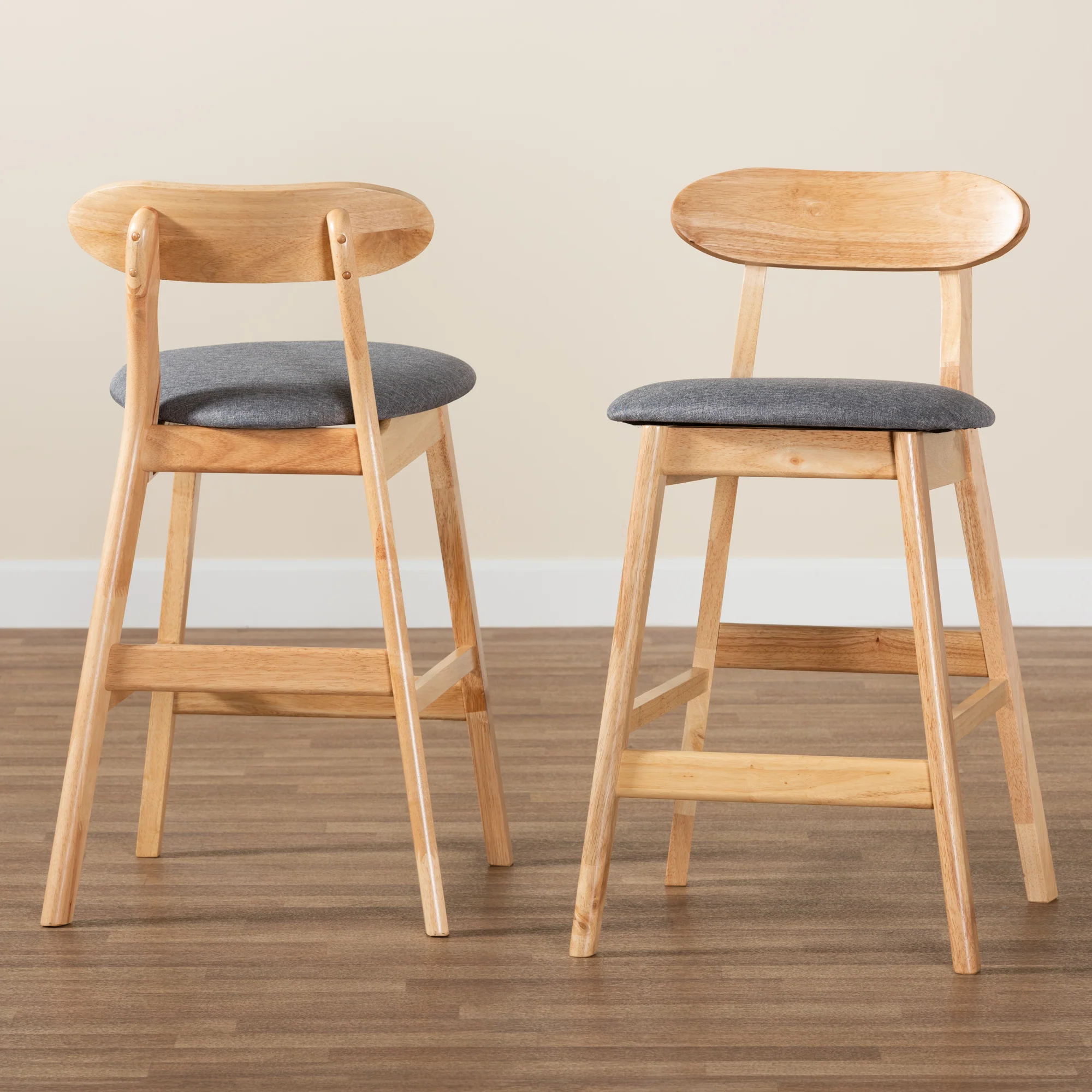 Baxton Studio Ulyana Mid-Century Modern Grey Fabric and Natural Brown Finished Wood 2-Piece Counter Stool Set - Image 9