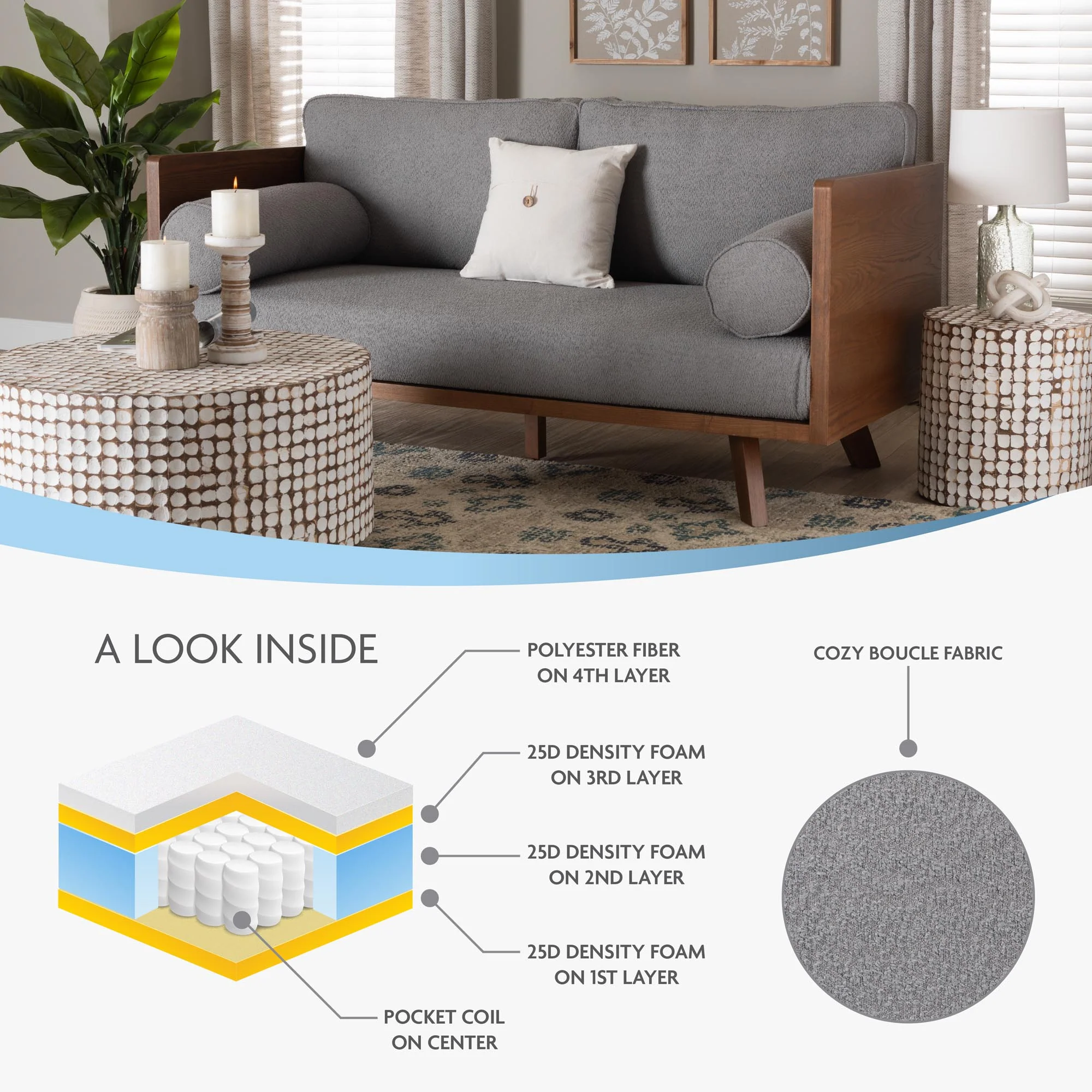 Baxton Studio Uriel Mid-Century Modern Grey Boucle Fabric Sofa - Image 2