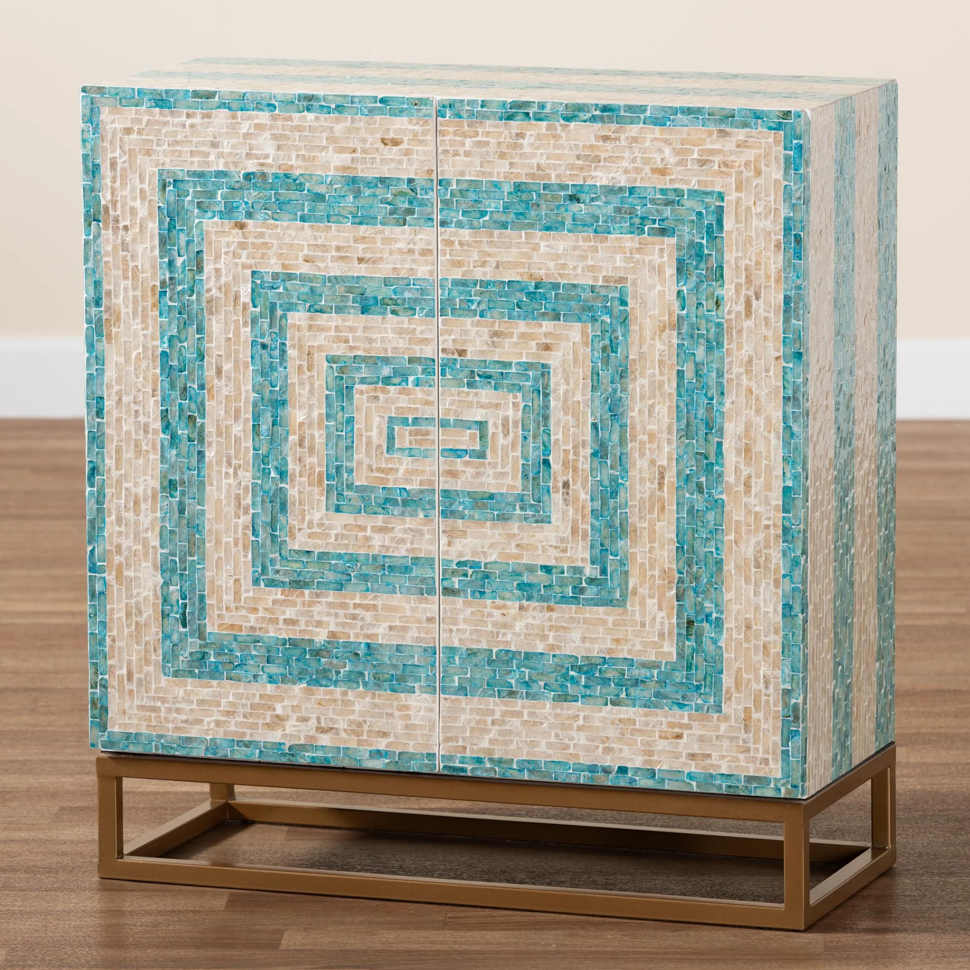 Baxton Studio Utari Modern Bohemian Two-Tone Beige and Blue Mother of Pearl and Gold Metal Storage Cabinet - Image 2