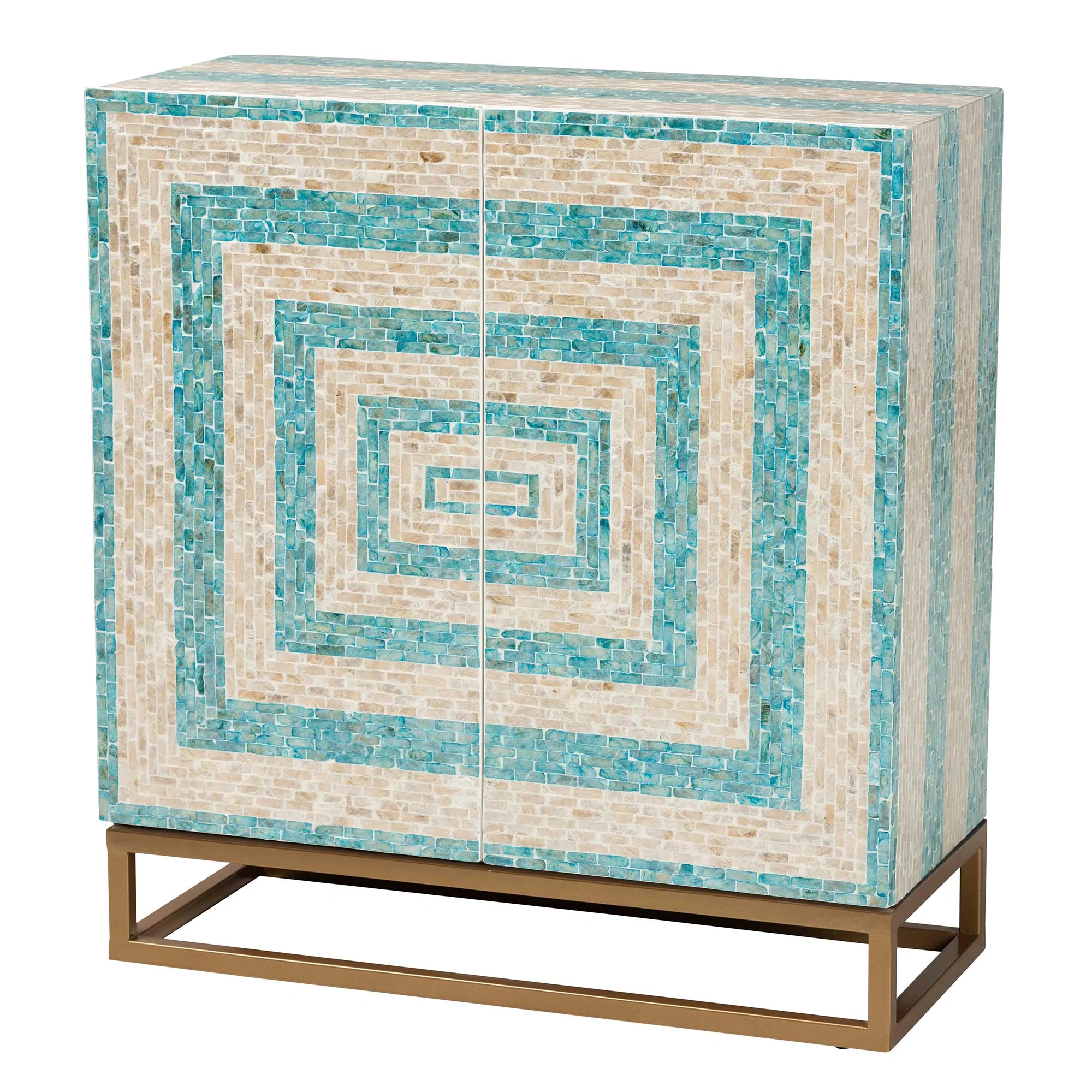 Baxton Studio Utari Modern Bohemian Two-Tone Beige and Blue Mother of Pearl and Gold Metal Storage Cabinet - Image 4