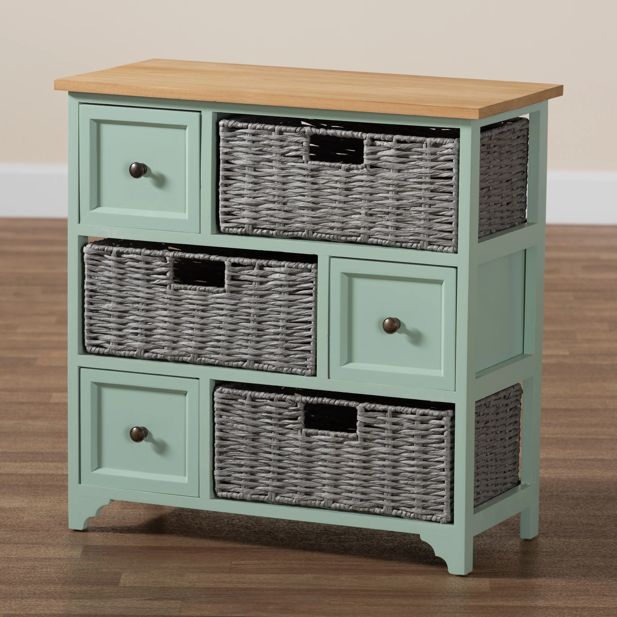 Baxton Studio Valtina Modern and Contemporary Two-Tone Oak Brown and Mint Green Finished Wood 3-Drawer Storage Unit with Baskets - Image 2
