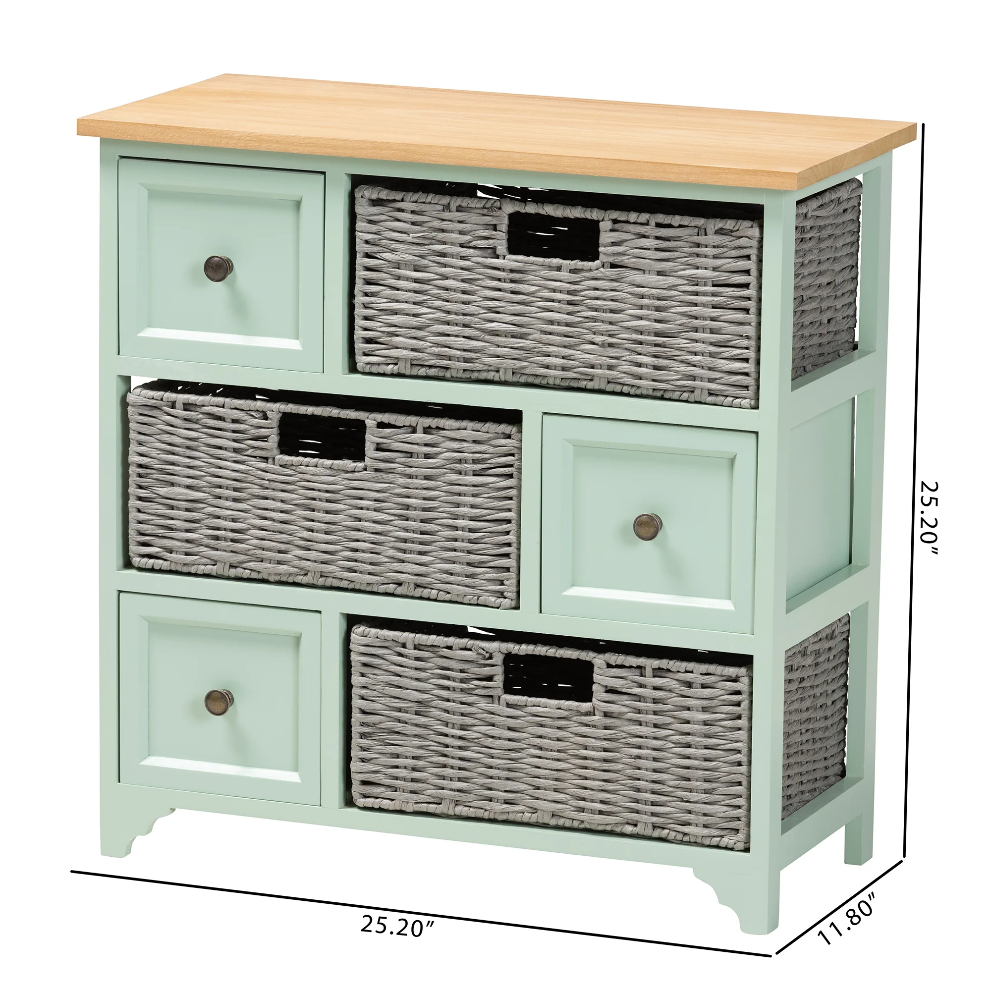 Baxton Studio Valtina Modern and Contemporary Two-Tone Oak Brown and Mint Green Finished Wood 3-Drawer Storage Unit with Baskets - Image 3