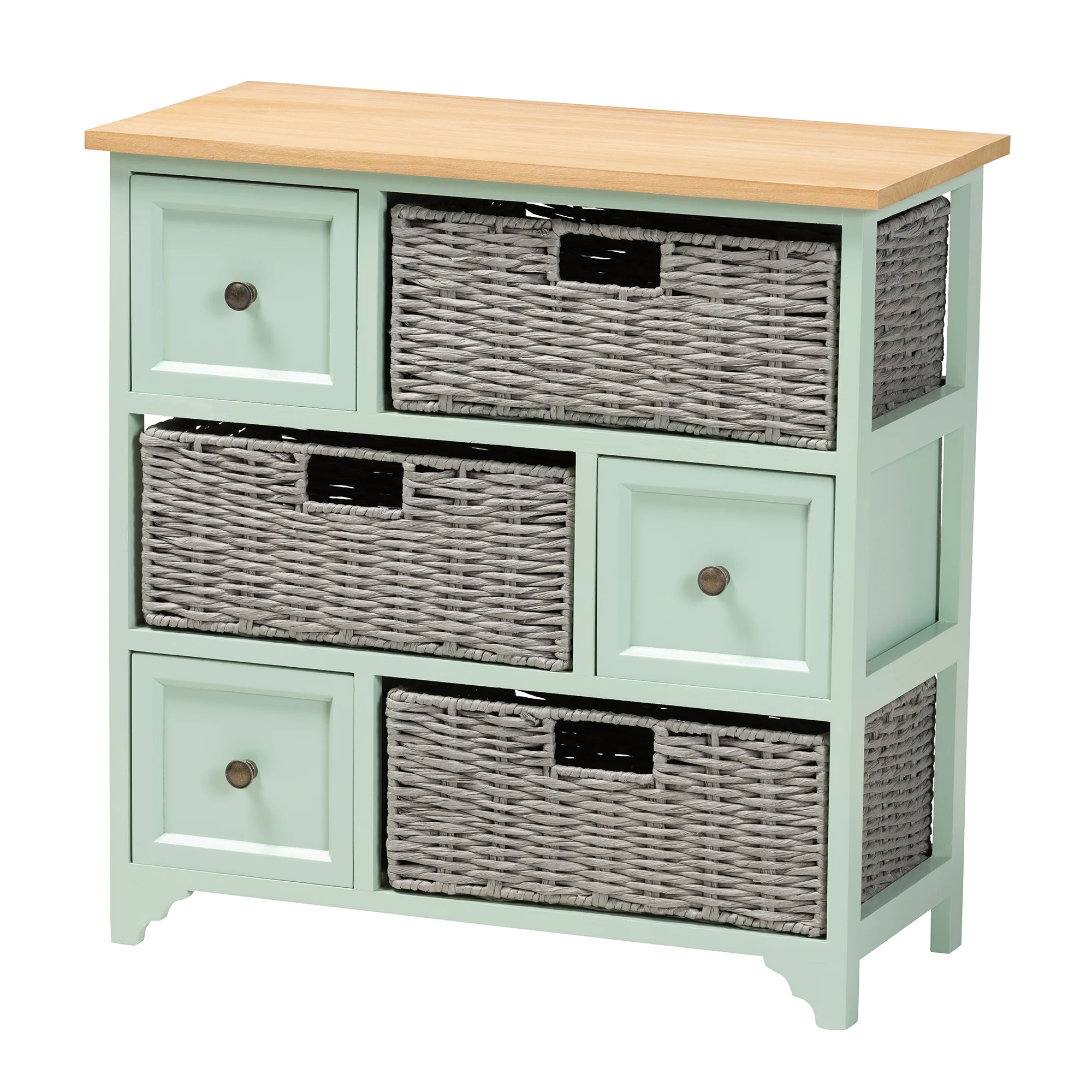 Baxton Studio Valtina Modern and Contemporary Two-Tone Oak Brown and Mint Green Finished Wood 3-Drawer Storage Unit with Baskets - Image 4