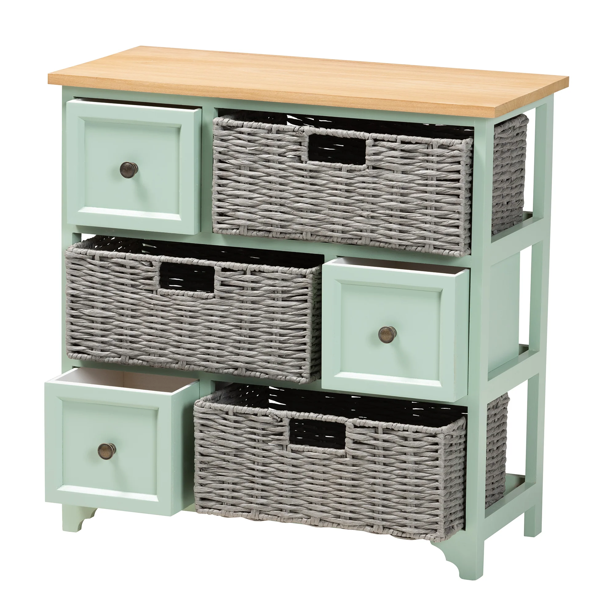 Baxton Studio Valtina Modern and Contemporary Two-Tone Oak Brown and Mint Green Finished Wood 3-Drawer Storage Unit with Baskets - Image 5