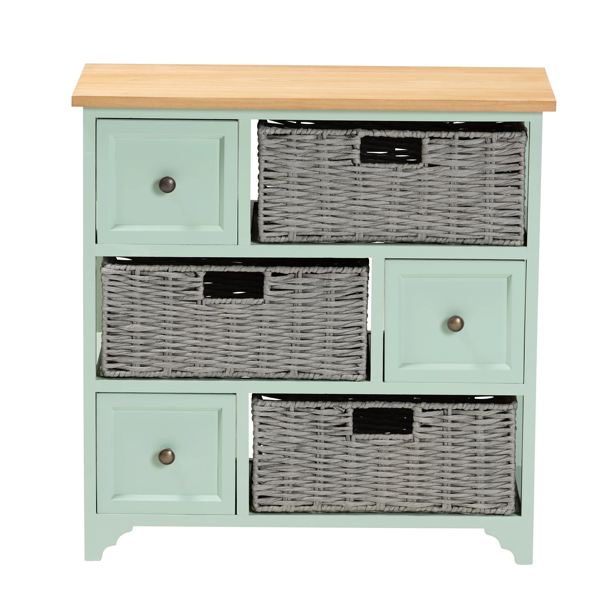 Baxton Studio Valtina Modern and Contemporary Two-Tone Oak Brown and Mint Green Finished Wood 3-Drawer Storage Unit with Baskets - Image 6