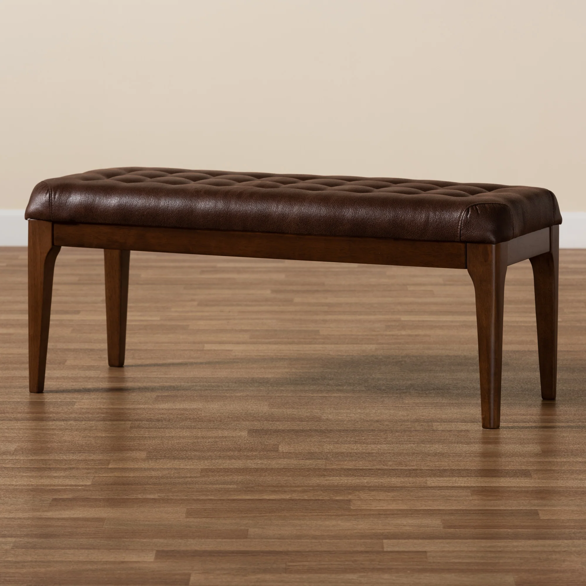 Baxton Studio Walsh Mid-Century Modern Dark Brown Leather-Effect Polyester Fabric Upholstered and Walnut Brown Finished Wood Dining Bench - Image 7