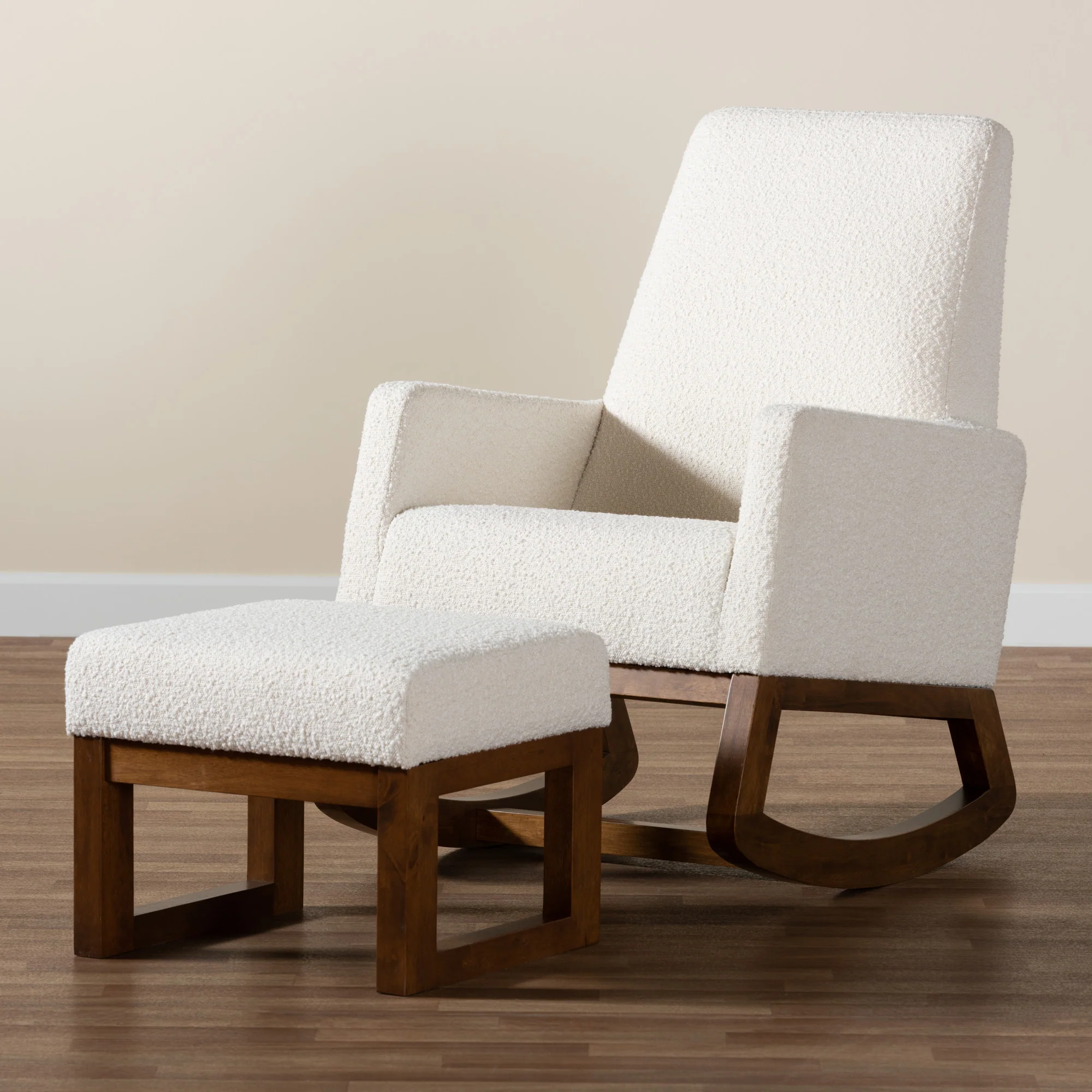 Baxton Studio Yashiya Mid-Century Modern Off-White Boucle Upholstered and Walnut Brown Finished Wood 2-Piece Rocking Chair and Ottoman Set - Image 2