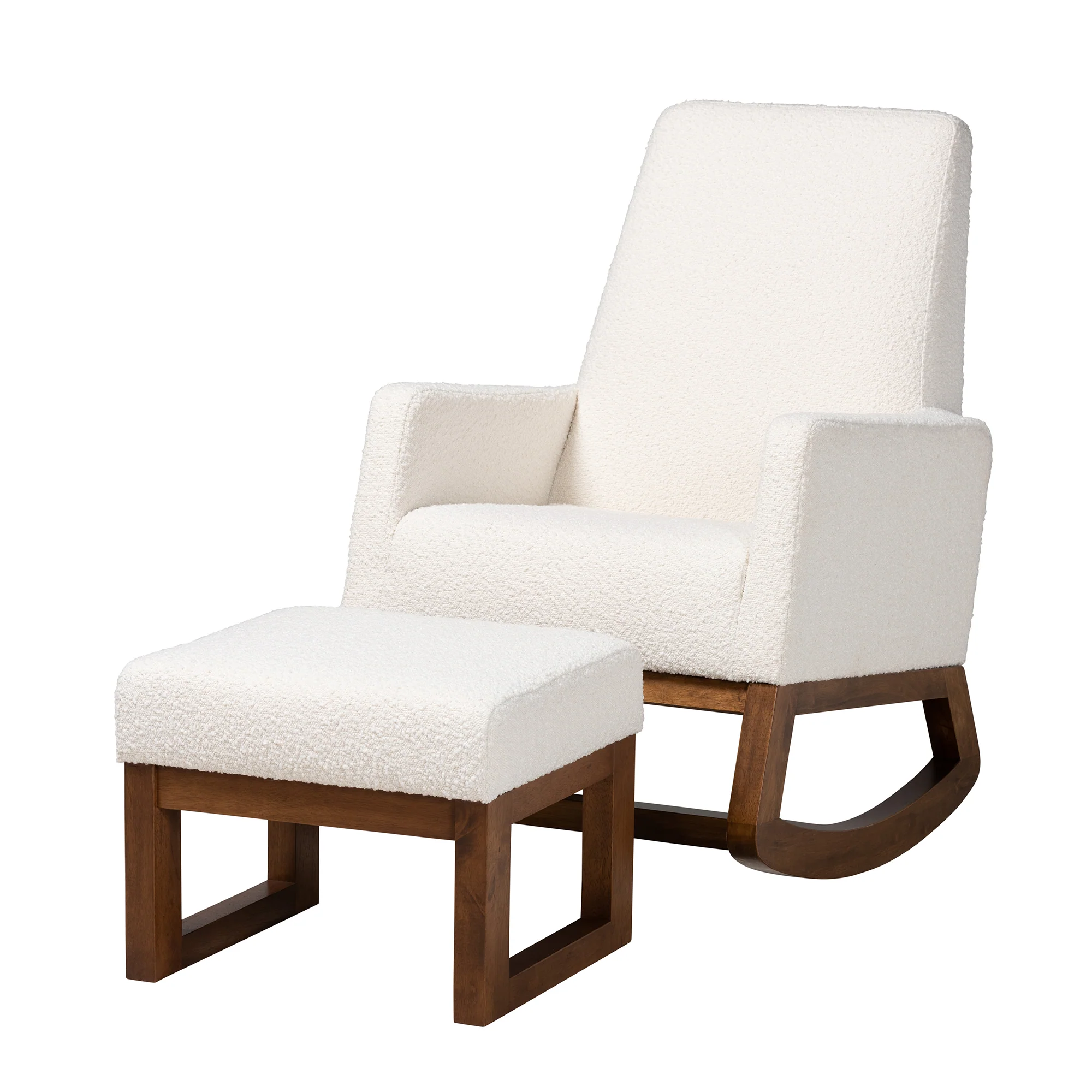 Baxton Studio Yashiya Mid-Century Modern Off-White Boucle Upholstered and Walnut Brown Finished Wood 2-Piece Rocking Chair and Ottoman Set - Image 4