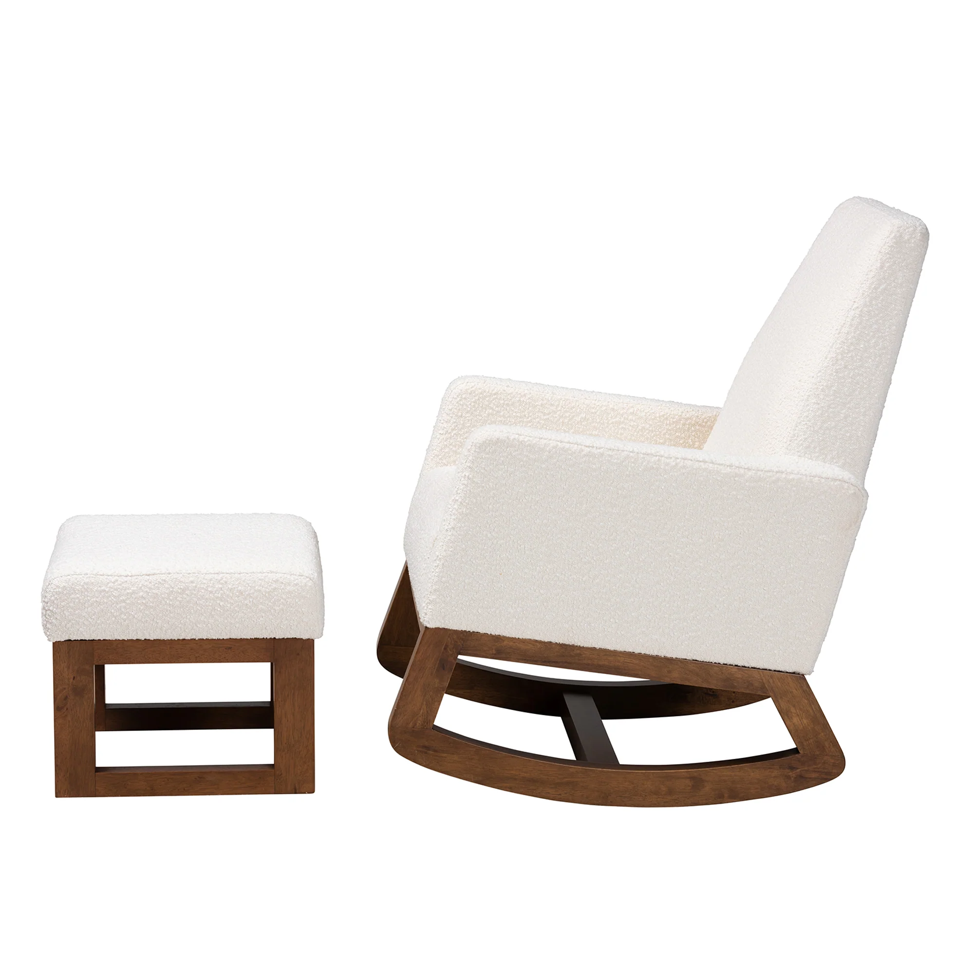 Baxton Studio Yashiya Mid-Century Modern Off-White Boucle Upholstered and Walnut Brown Finished Wood 2-Piece Rocking Chair and Ottoman Set - Image 6