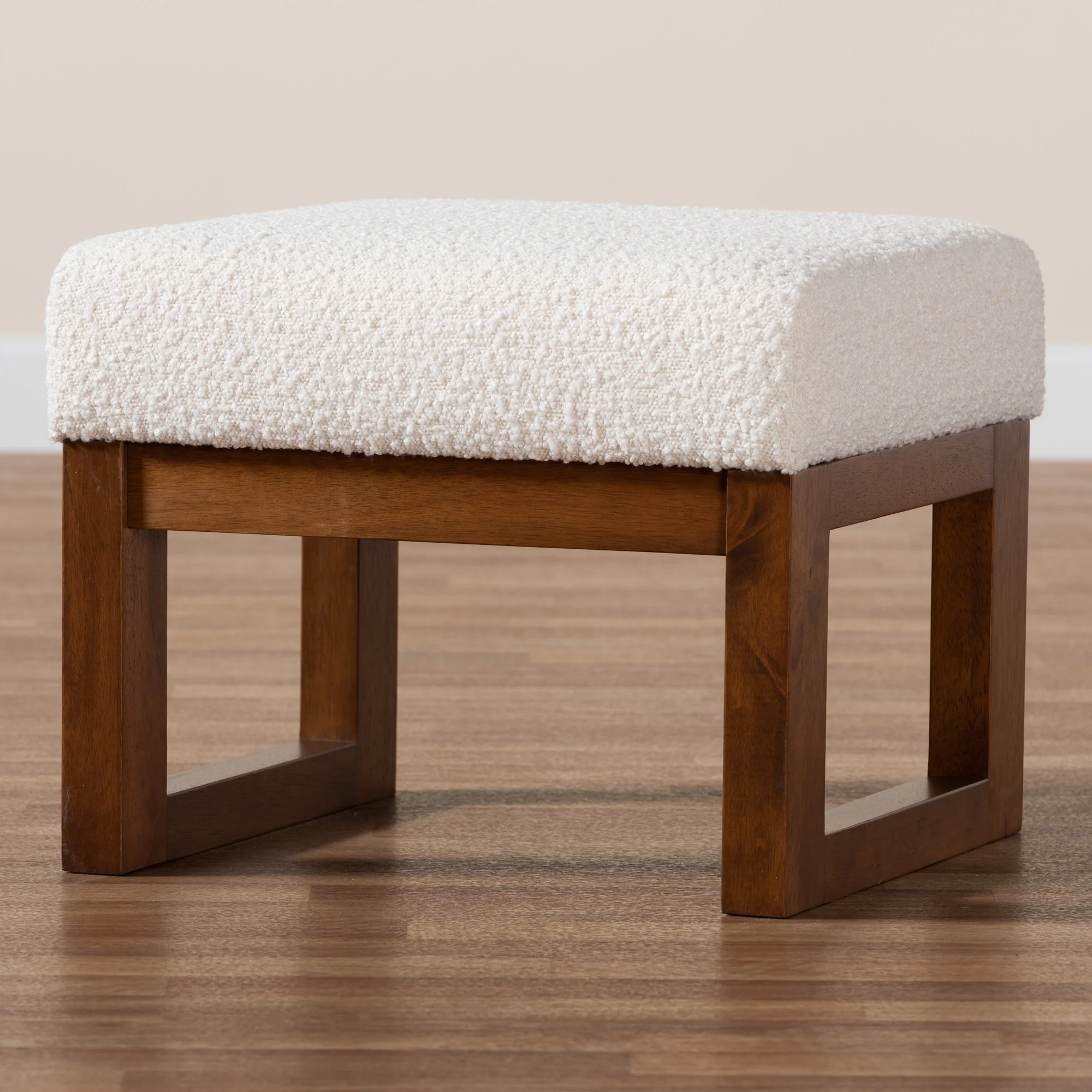 Baxton Studio Yashiya Mid-Century Modern Off-White Boucle Upholstered and Walnut Brown Finished Wood Ottoman Footstool - Image 7