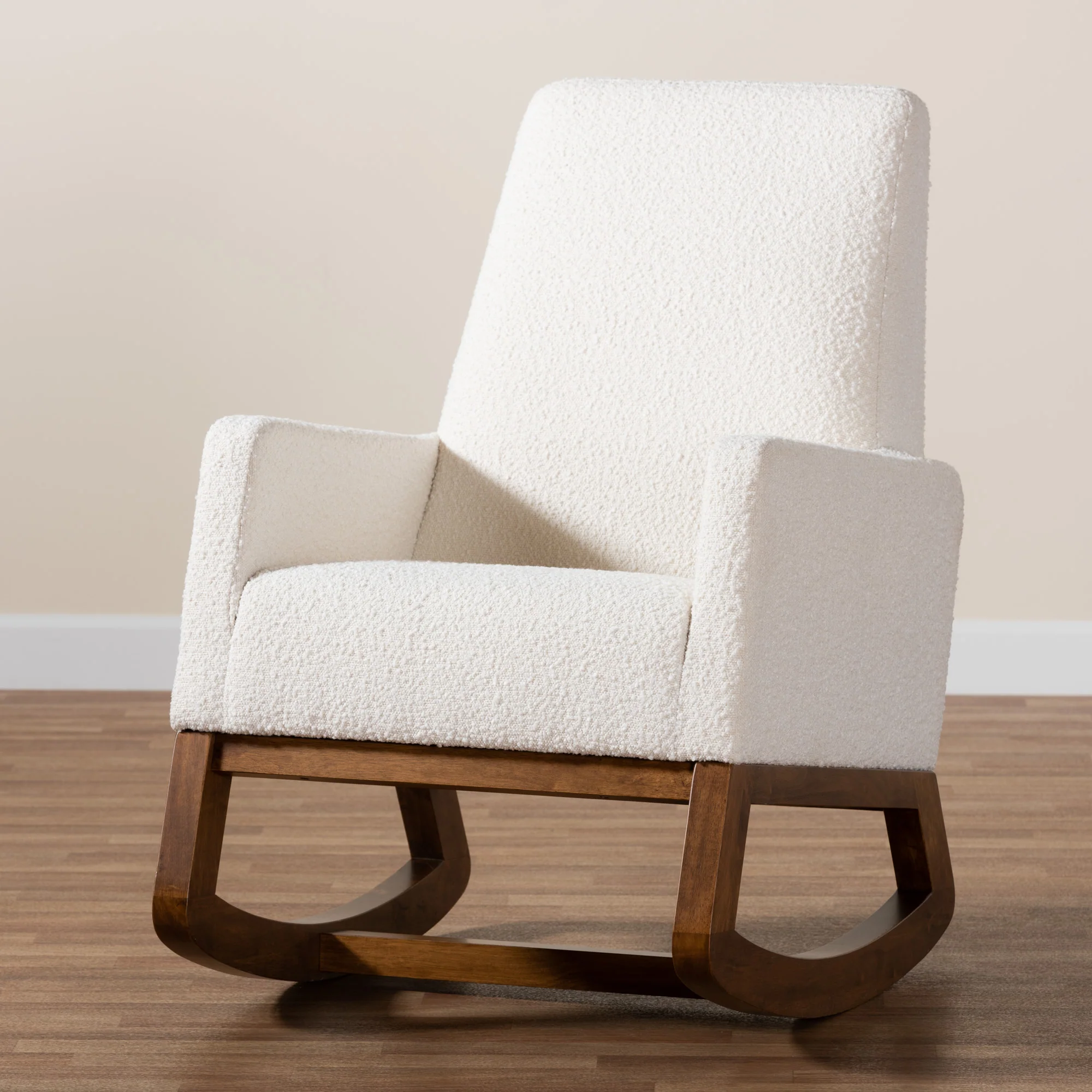 Baxton Studio Yashiya Mid-Century Modern Off-White Boucle Upholstered and Walnut Brown Finished Wood Rocking Chair - Image 9