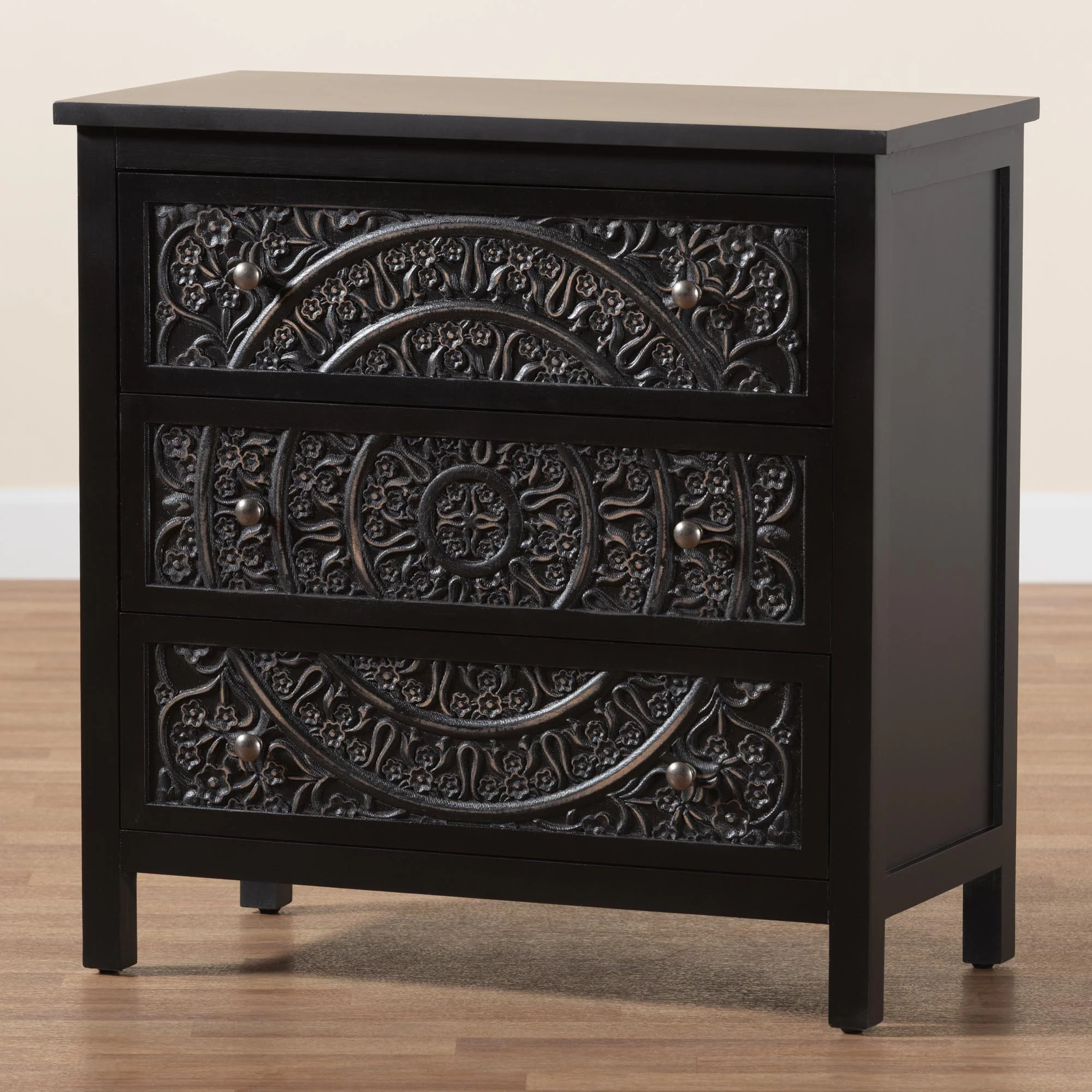 Baxton Studio Yelena Classic and Traditional Black Finished Wood 3-Drawer Storage Cabinet - Image 9