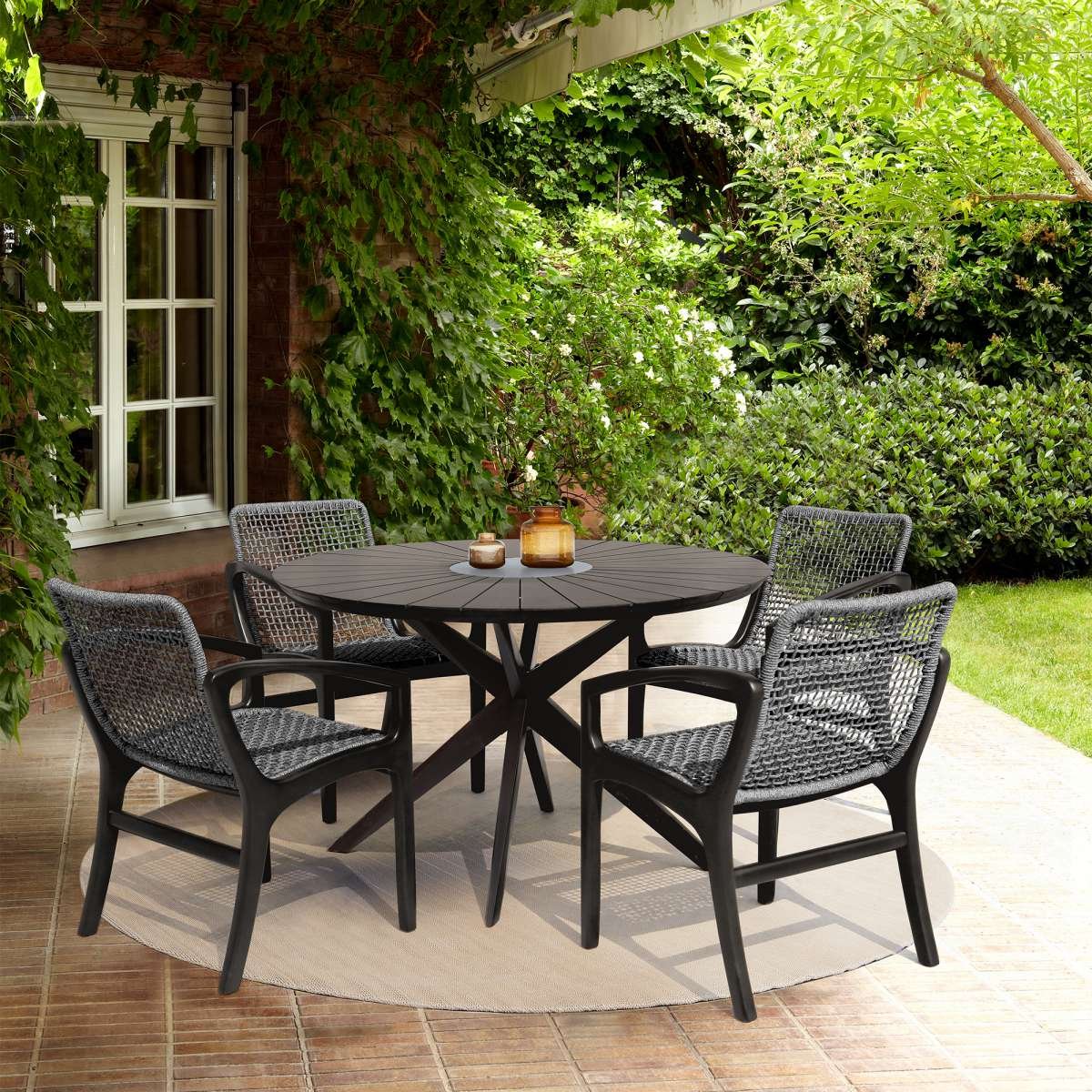 Beckham Outdoor Patio Dining Chair in Dark Eucalyptus Wood and Gray Rope By Armen Living - Image 2