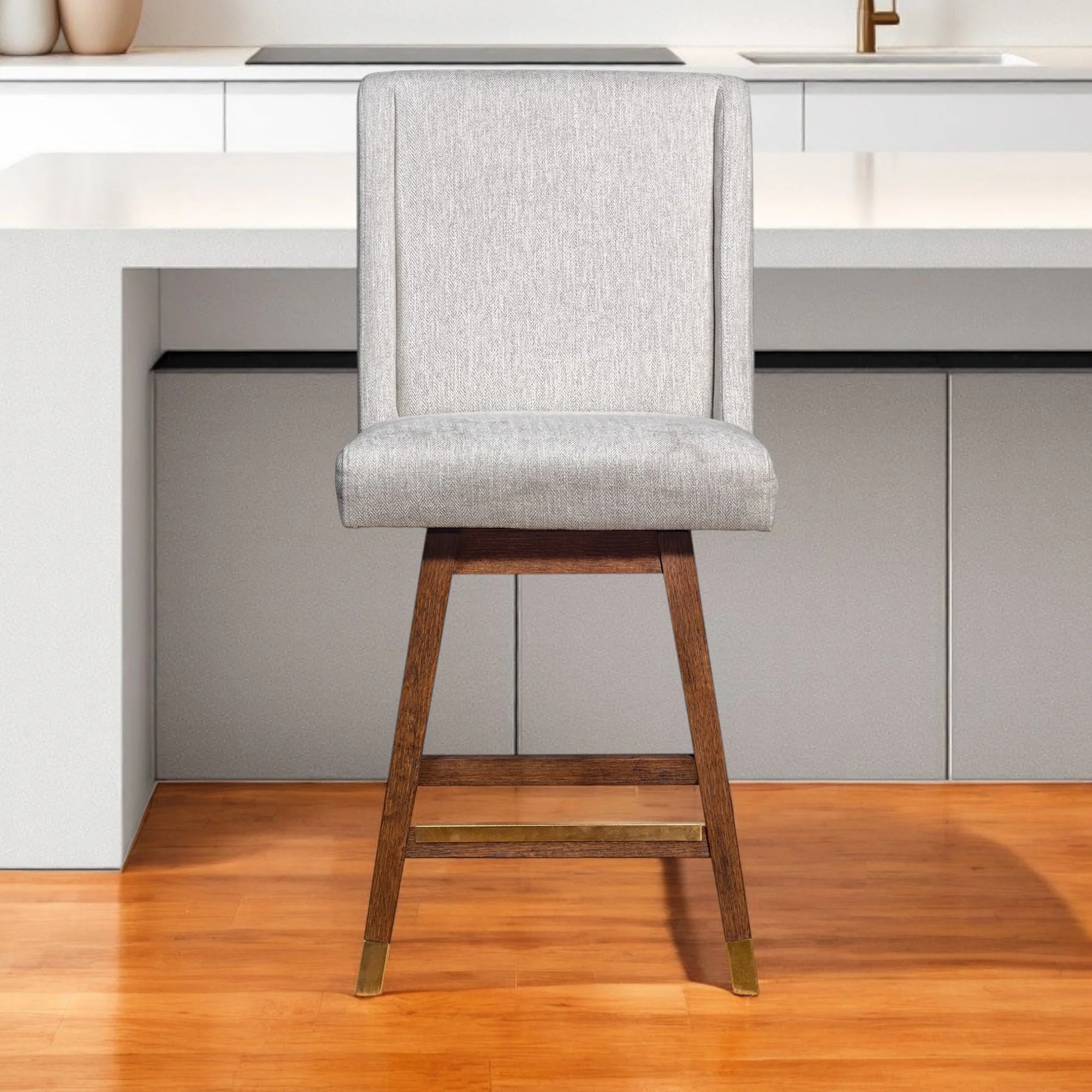 Beige and Brown Fabric and Solid Wood Counter Height Swivel Bar Chair By Homeroots - Image 2