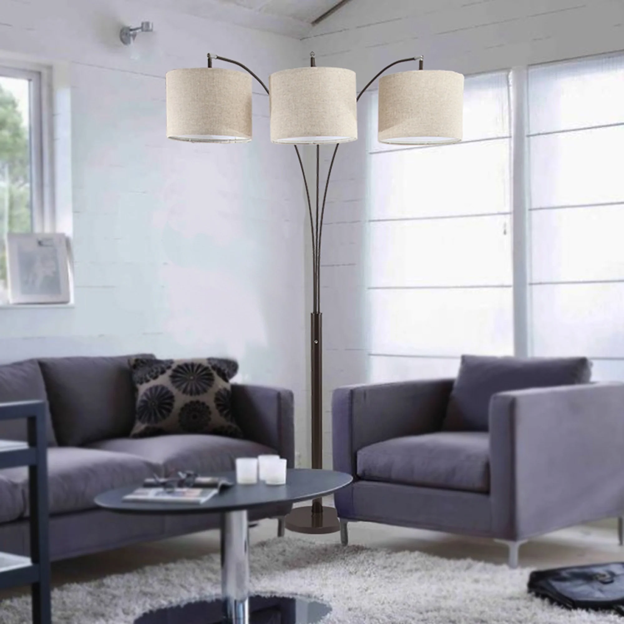 Beige And Espresso Brown Three Lights Tree Floor Lamp With Beige Drum Shade By Homeroots - Image 7