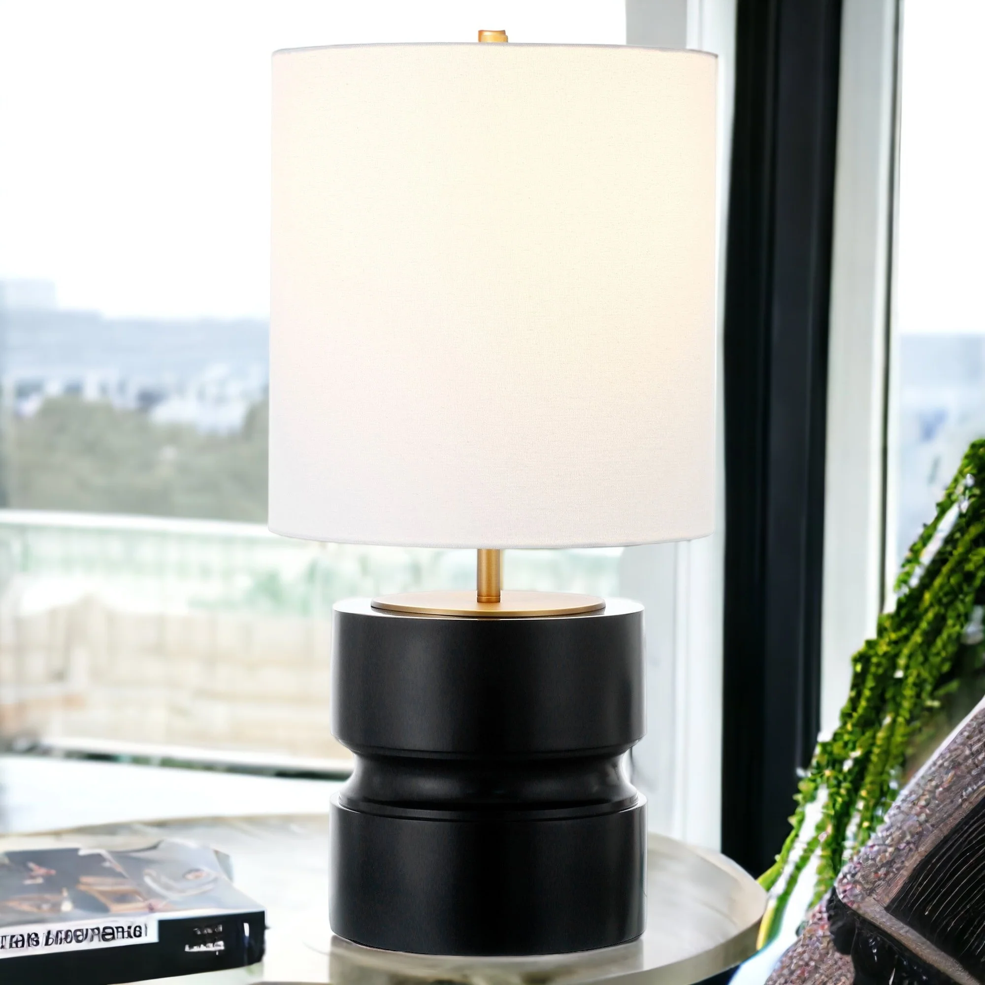 Beige and Gold Metal Geometric Table Lamp With White Drum Shade By Homeroots - Image 2