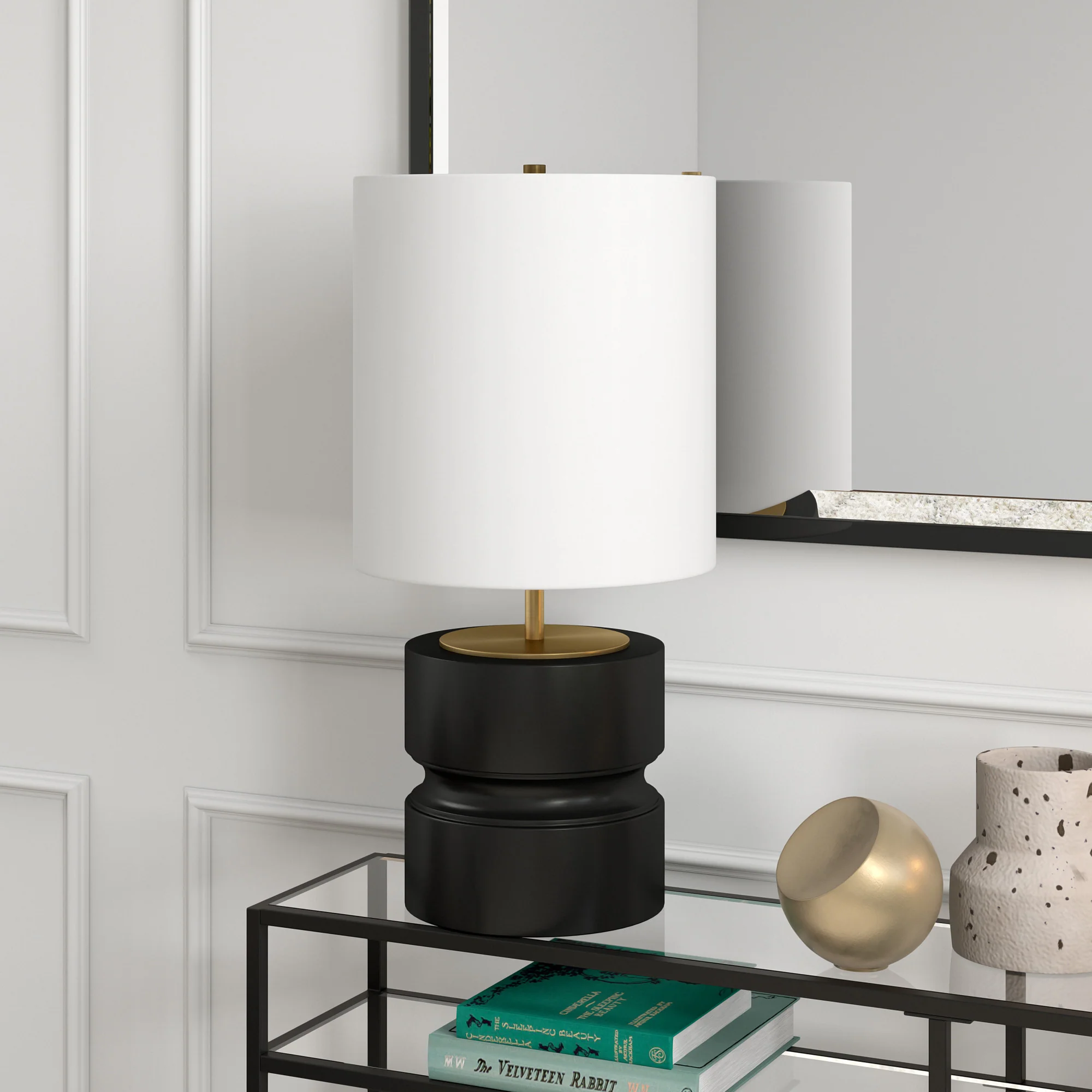 Beige and Gold Metal Geometric Table Lamp With White Drum Shade By Homeroots - Image 4