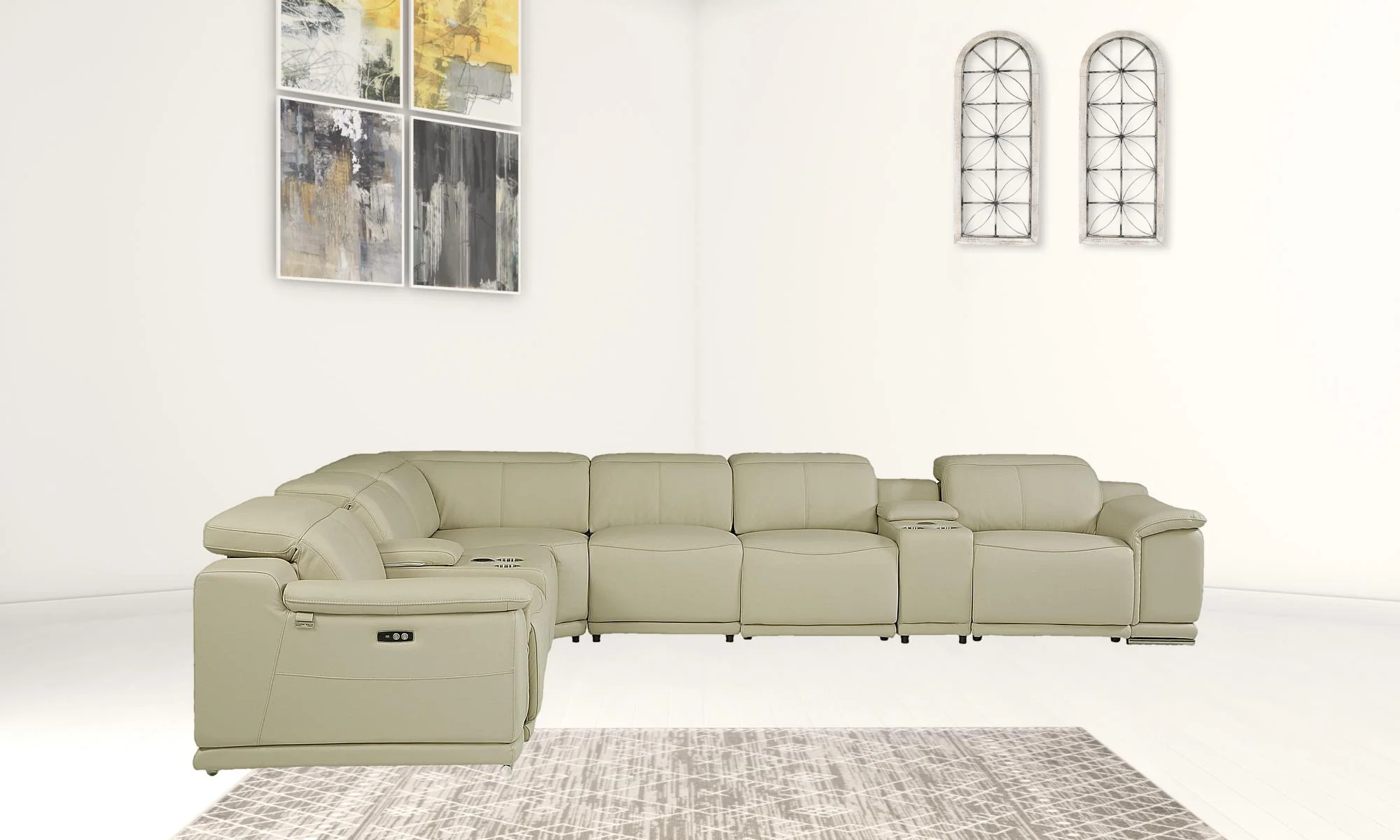 Beige Italian Leather Power Reclining L Shaped Eight Piece Corner Sectional With Console By Homeroots - Image 3
