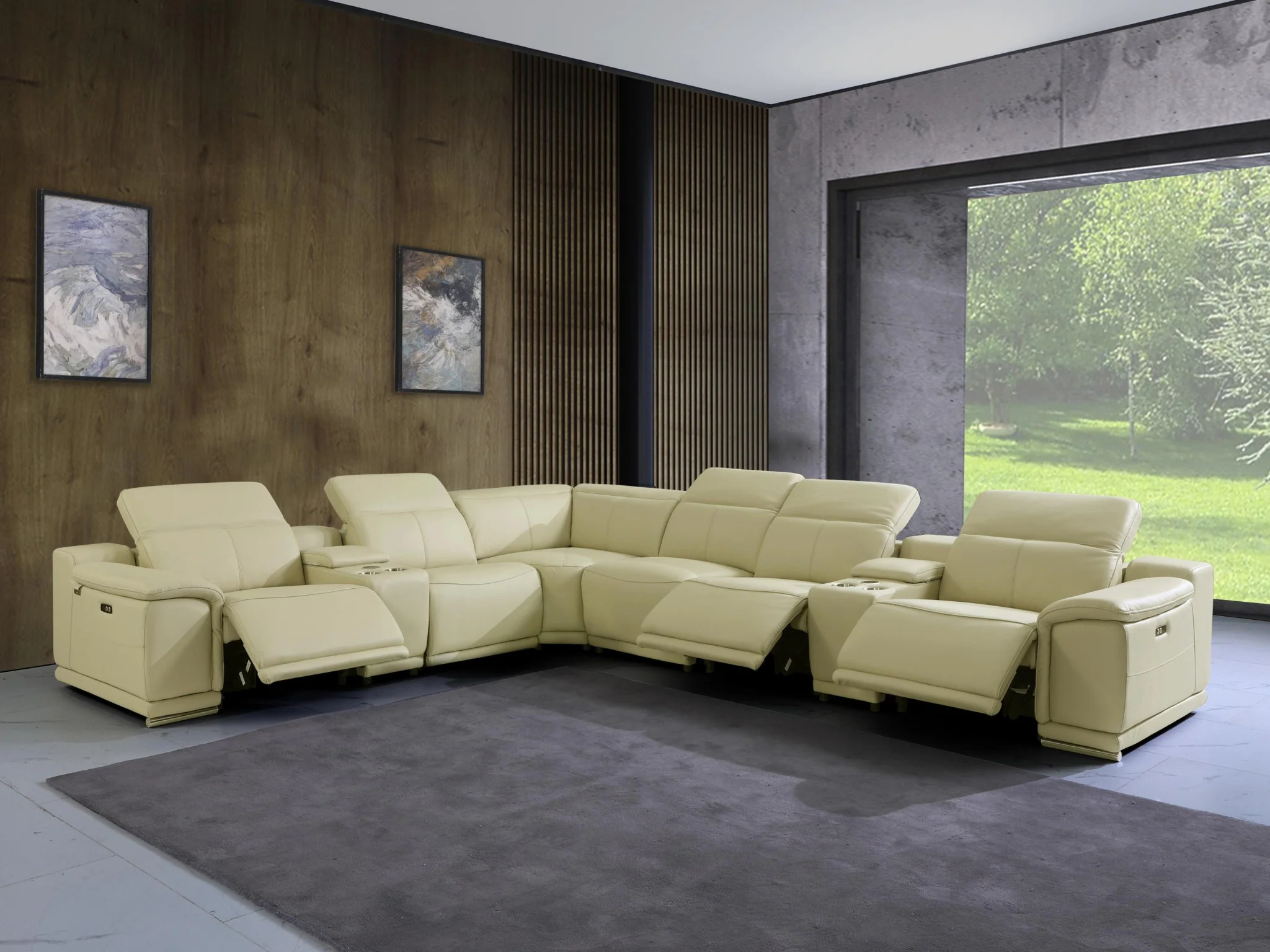 Beige Italian Leather Power Reclining L Shaped Eight Piece Corner Sectional With Console By Homeroots - Image 9