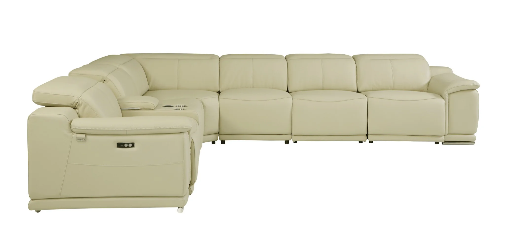 Beige Italian Leather Power Reclining L Shaped Seven Piece Corner Sectional With Console By Homeroots - Image 3