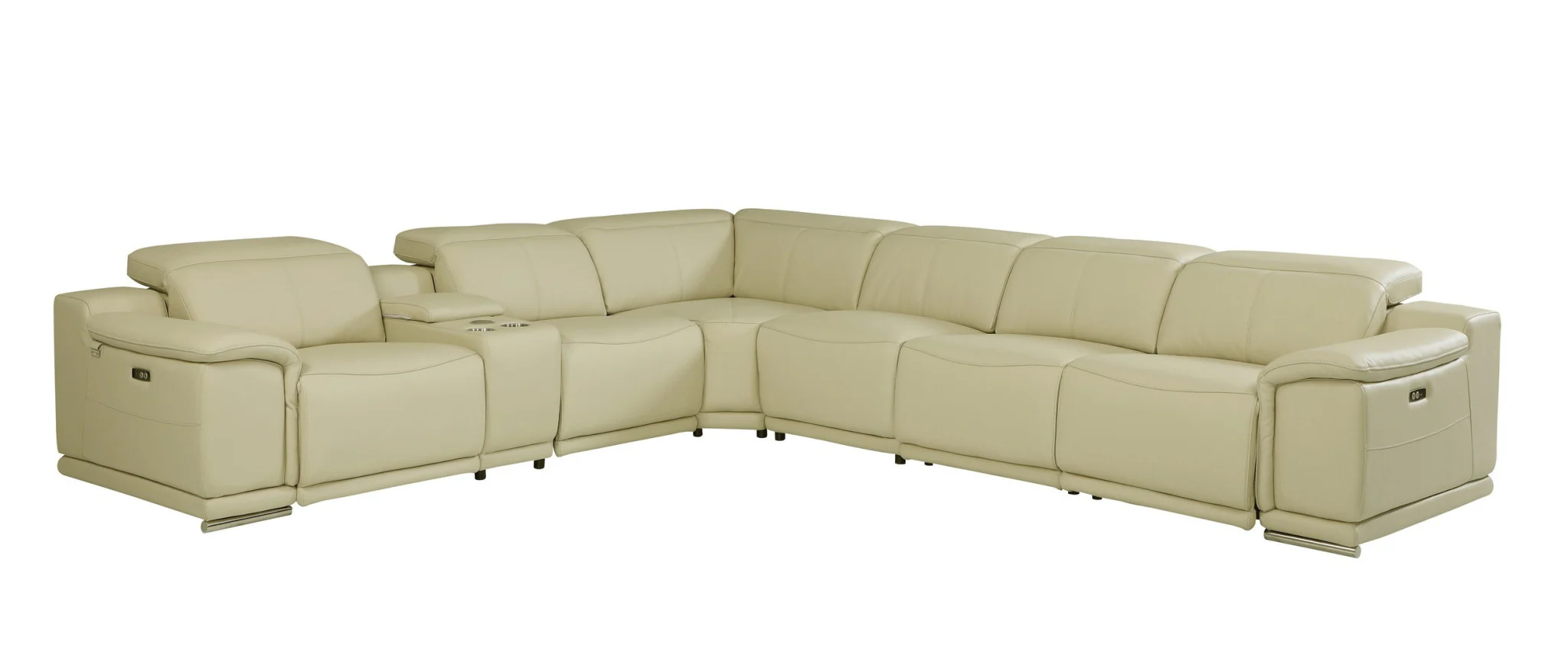 Beige Italian Leather Power Reclining L Shaped Seven Piece Corner Sectional With Console By Homeroots - Image 4