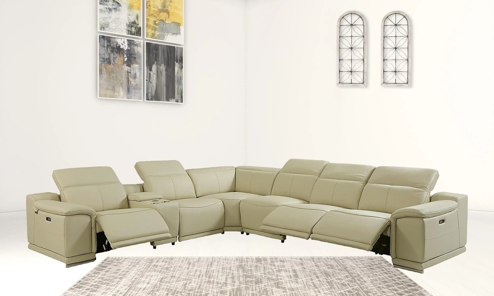 Beige Italian Leather Power Reclining L Shaped Seven Piece Corner Sectional With Console By Homeroots - Image 6