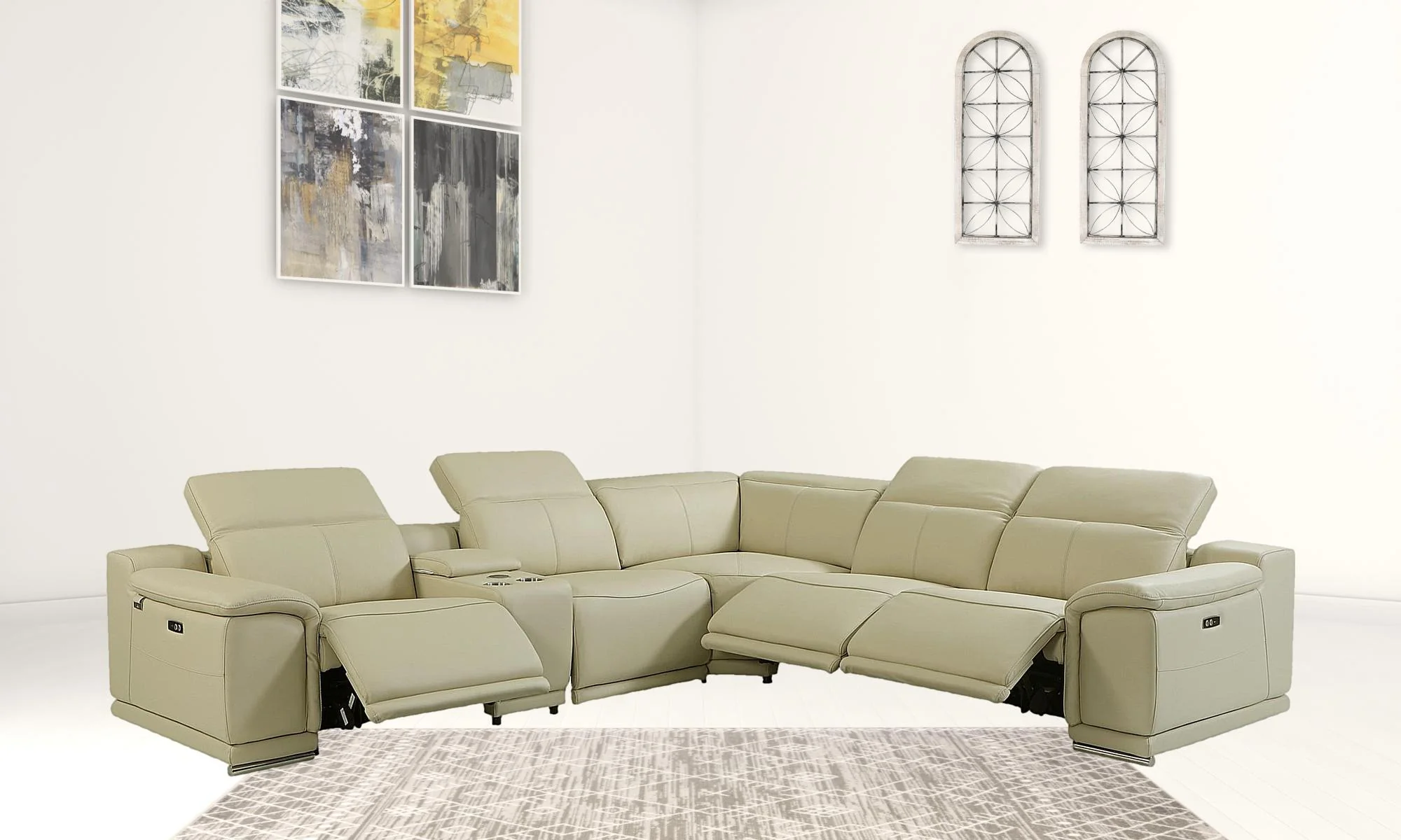 Beige Italian Leather Power Reclining L Shaped Six Piece Corner Sectional With Console By Homeroots - Image 5