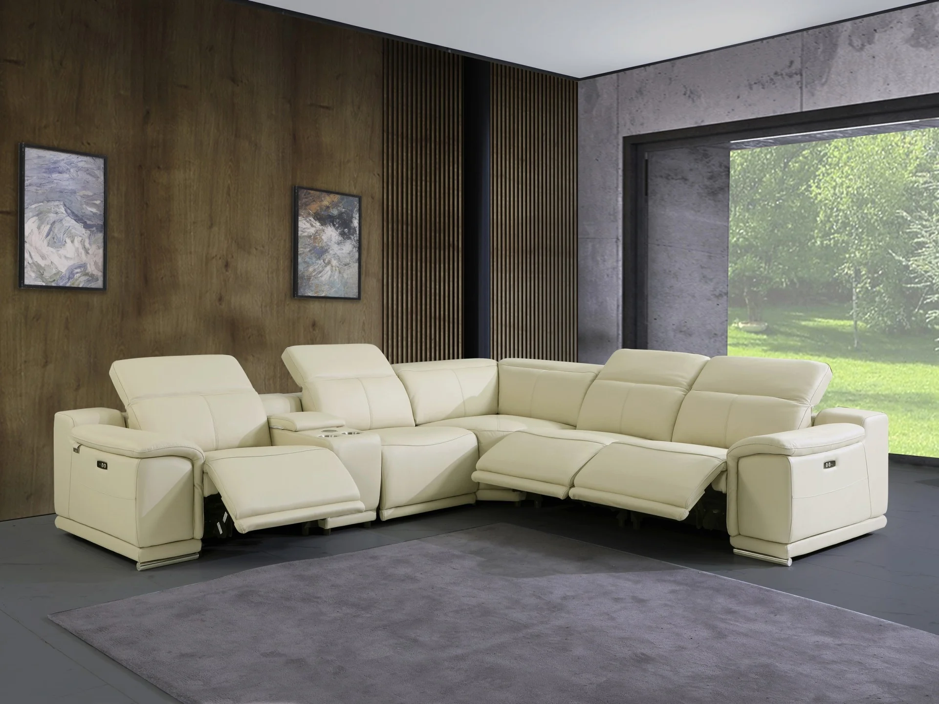 Beige Italian Leather Power Reclining L Shaped Six Piece Corner Sectional With Console By Homeroots - Image 9