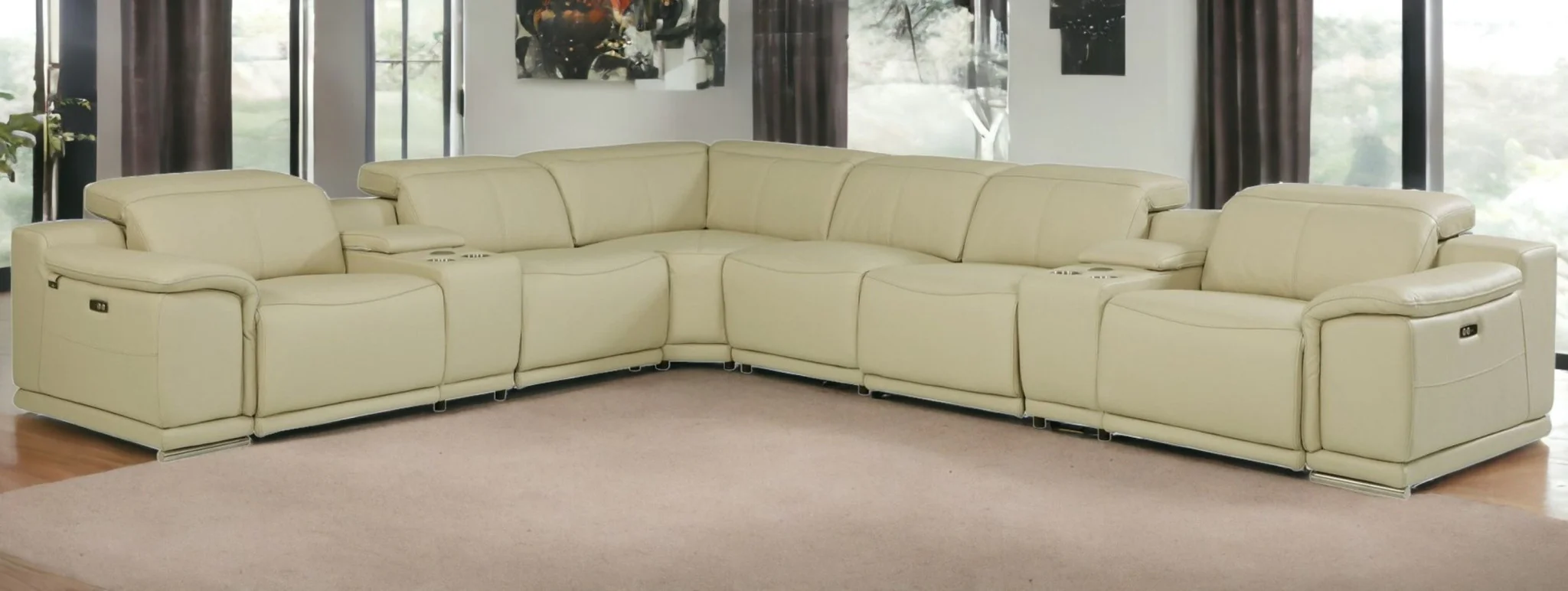 Beige Italian Leather Power Reclining U Shaped Eight Piece Corner Sectional With Console By Homeroots - Image 2