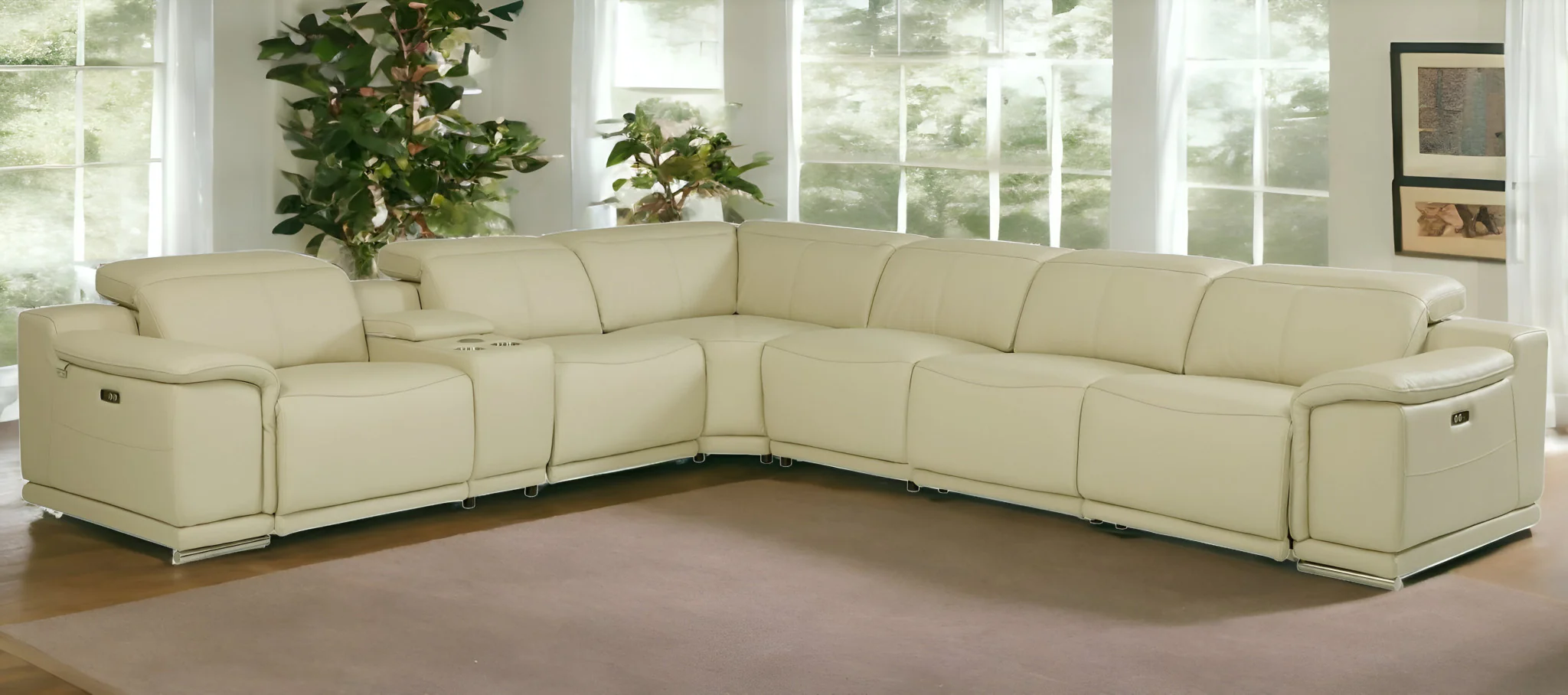 Beige Italian Leather Power Reclining U Shaped Seven Piece Corner Sectional With Console By Homeroots - Image 2