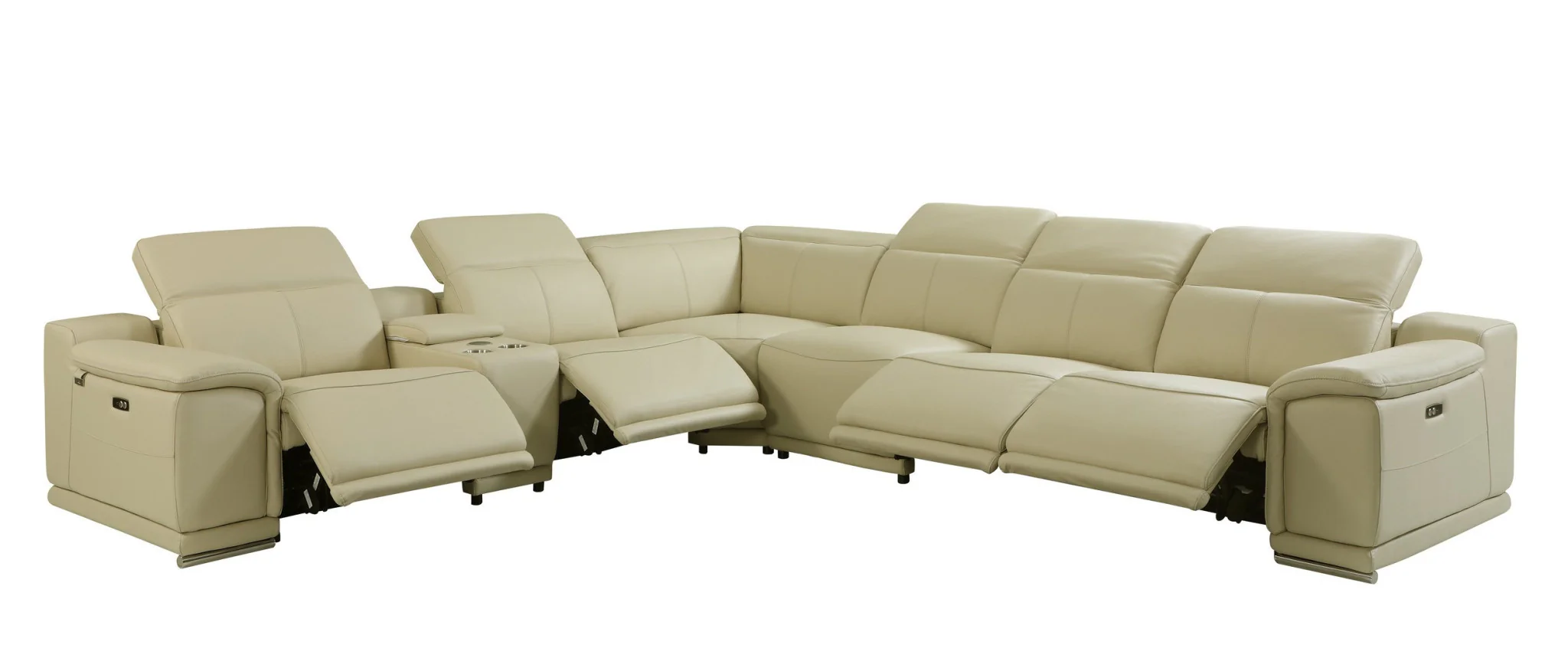 Beige Italian Leather Power Reclining U Shaped Seven Piece Corner Sectional With Console By Homeroots - Image 8