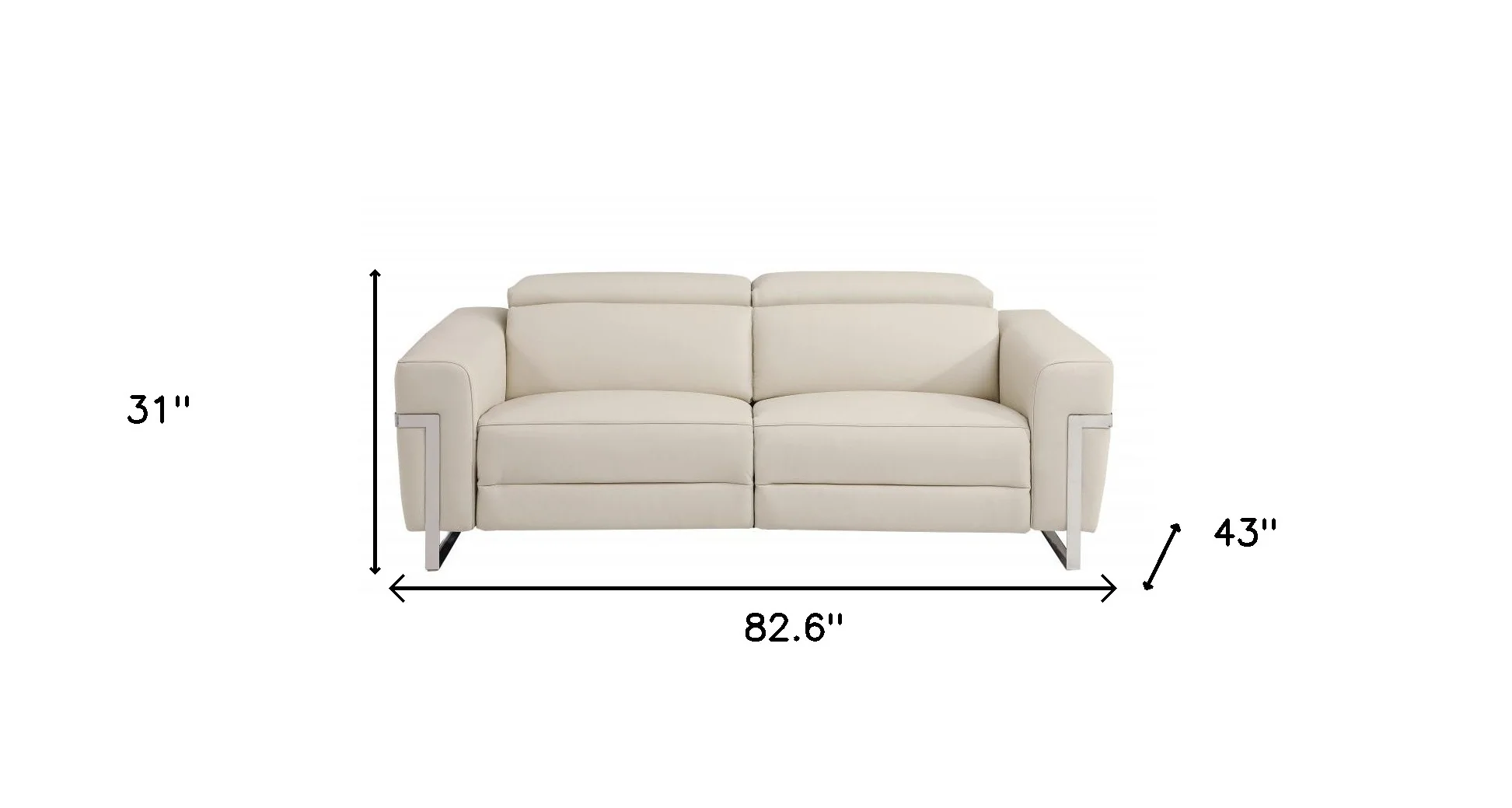 Beige Italian Leather USB Reclining Sofa With Silver Legs By Homeroots - Image 6