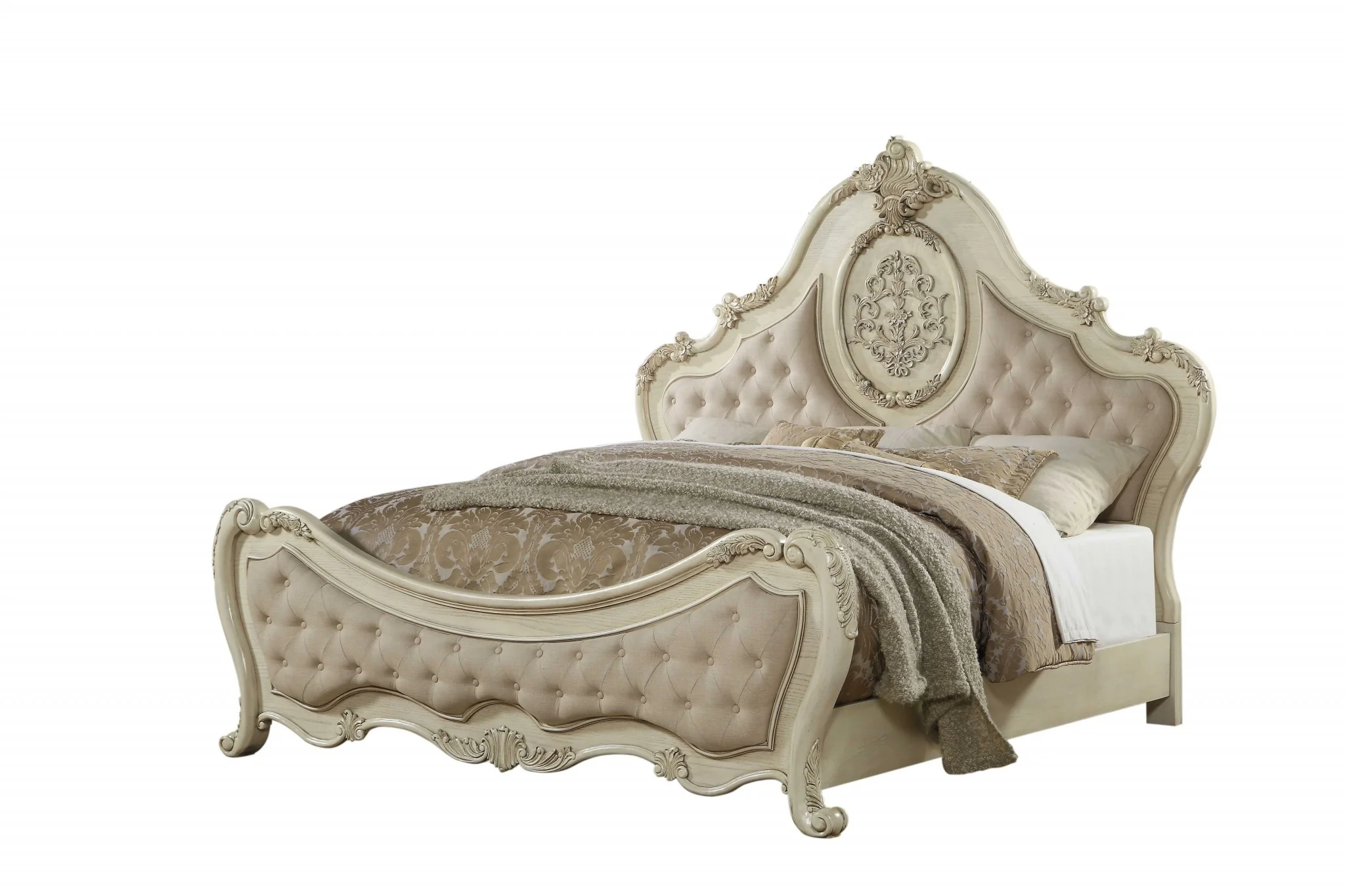 Beige Linen Antique White Wood Upholstery Eastern King Bed By Homeroots - Image 2