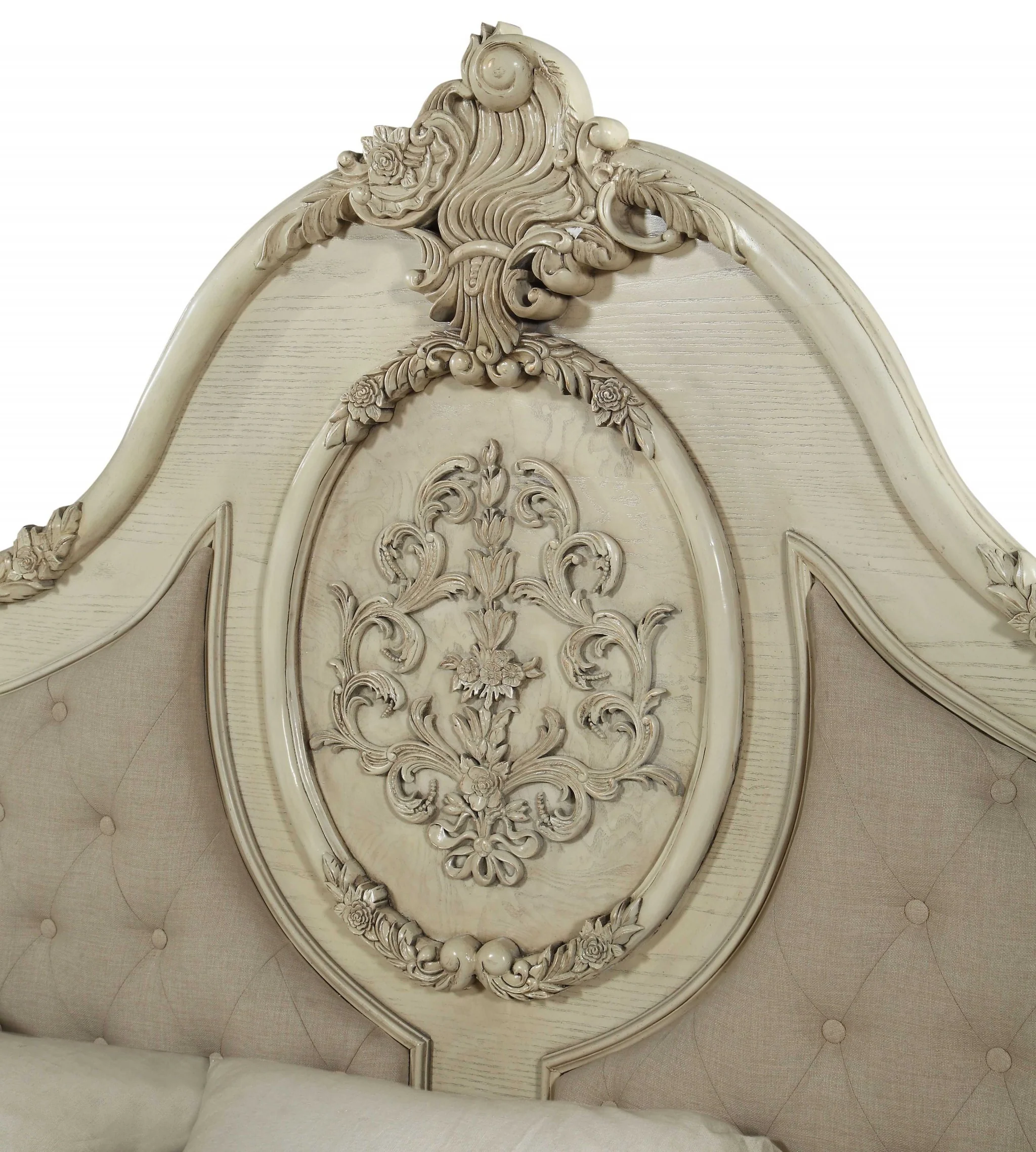Beige Linen Antique White Wood Upholstery Queen Bed By Homeroots - Image 3