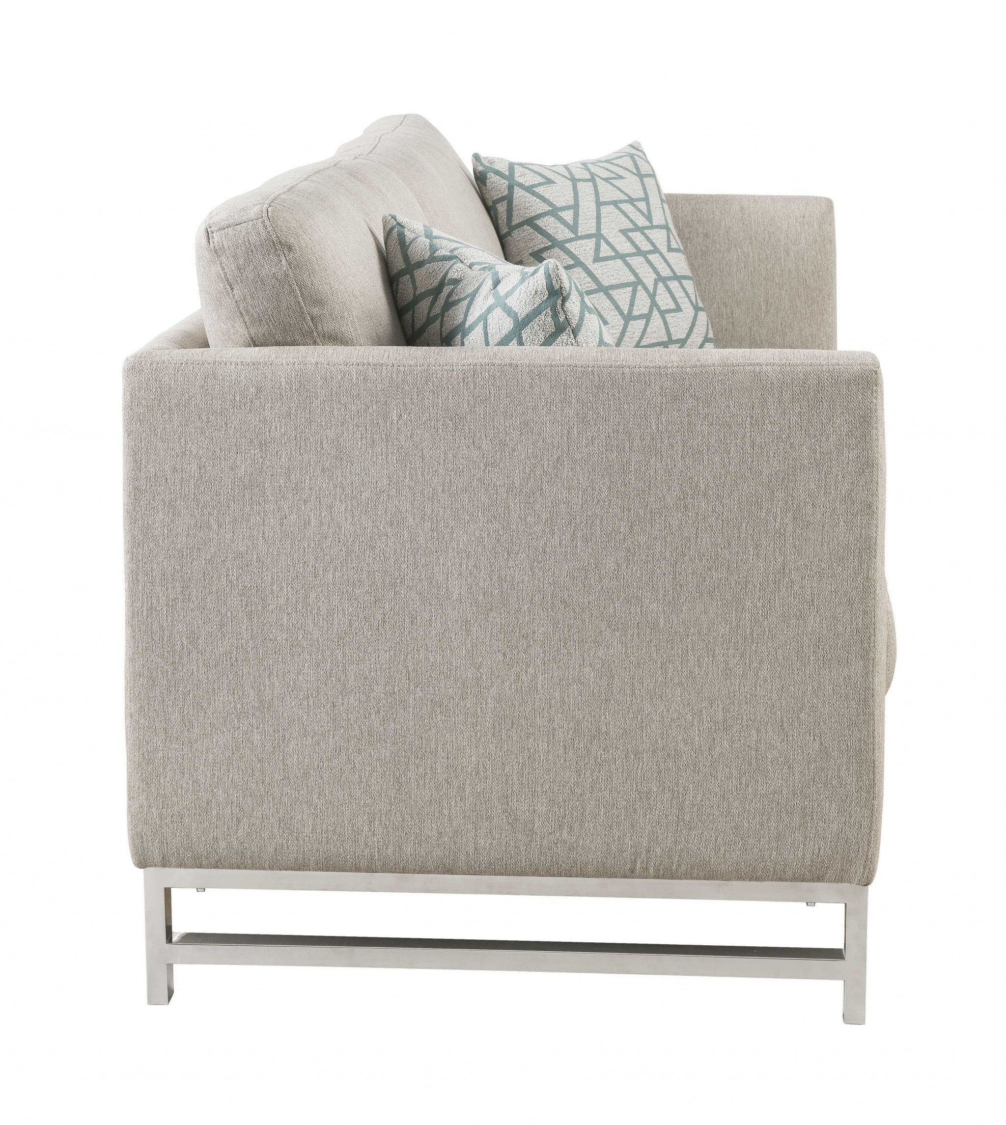 Beige Linen Upholstery Metal Leg Sofa w Pillows By Homeroots - Image 2