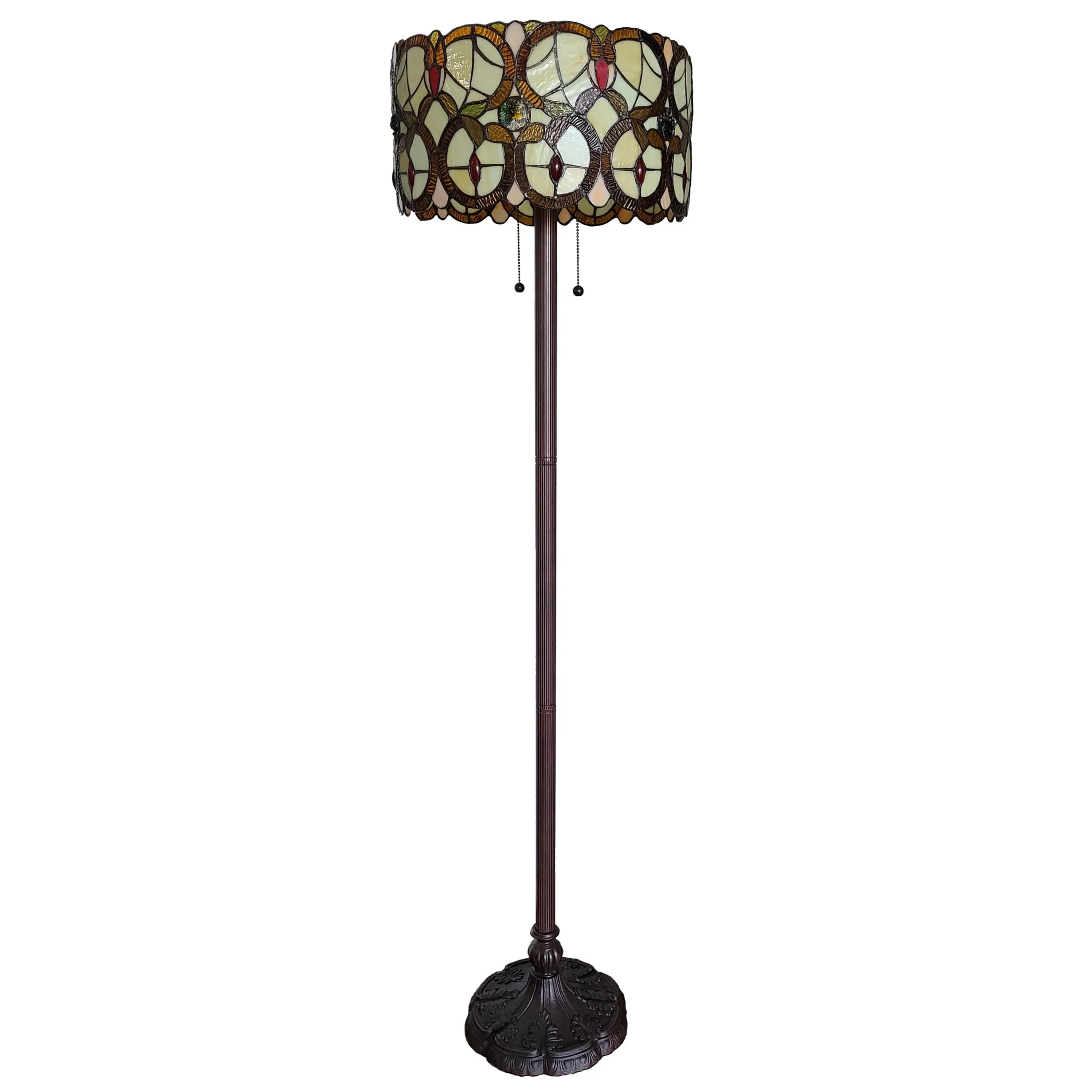 Beige Metal Two Light Torchiere Floor Lamp With Red And White Flowers Glass Drum Shade By Homeroots - Image 2