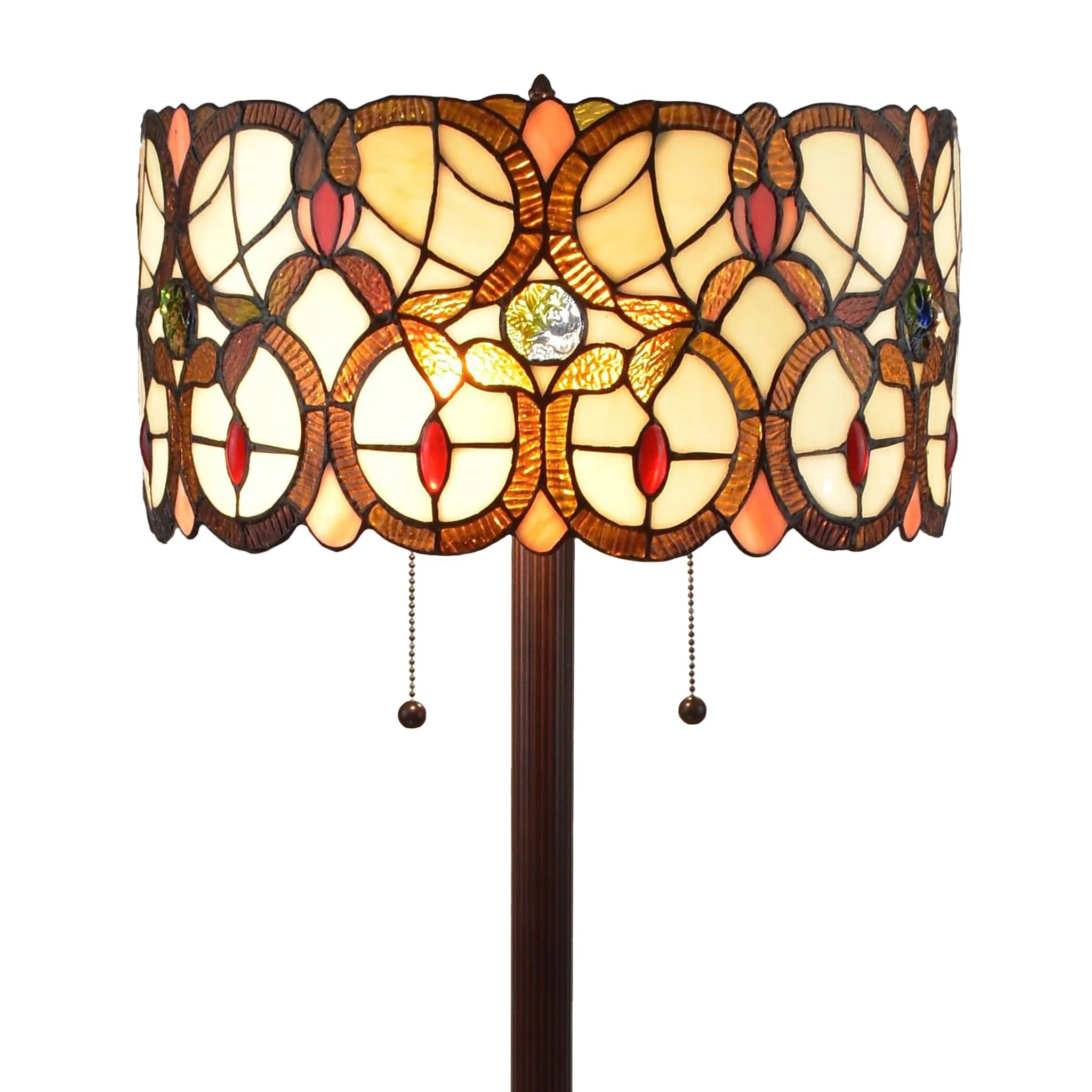 Beige Metal Two Light Torchiere Floor Lamp With Red And White Flowers Glass Drum Shade By Homeroots - Image 3