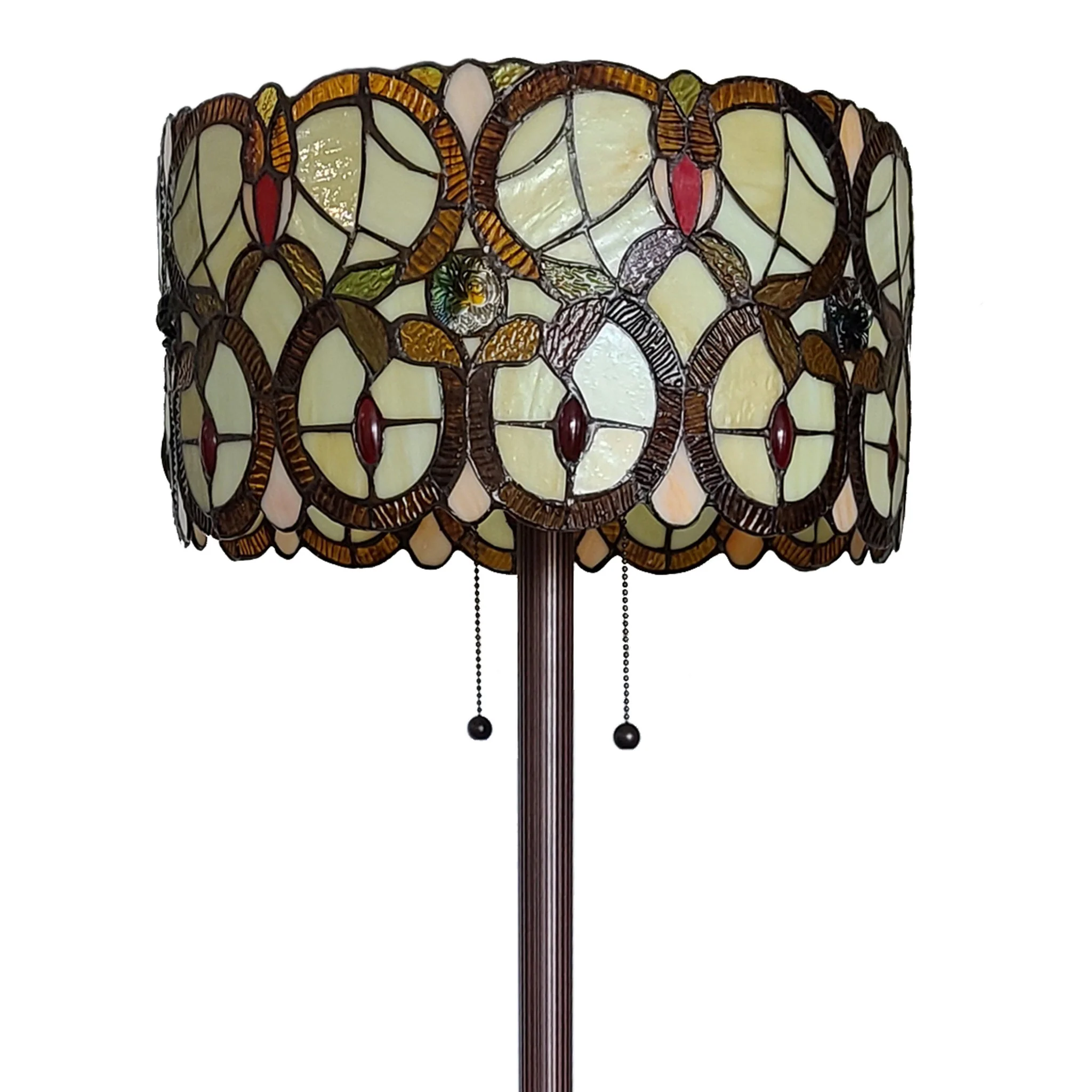 Beige Metal Two Light Torchiere Floor Lamp With Red And White Flowers Glass Drum Shade By Homeroots - Image 4