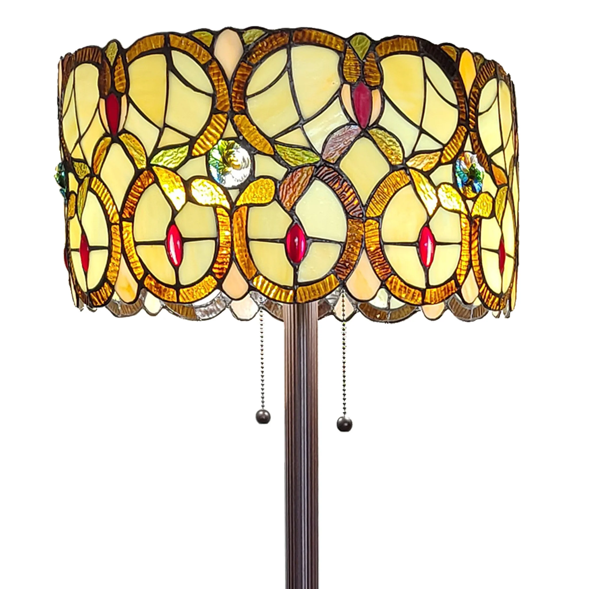 Beige Metal Two Light Torchiere Floor Lamp With Red And White Flowers Glass Drum Shade By Homeroots - Image 6