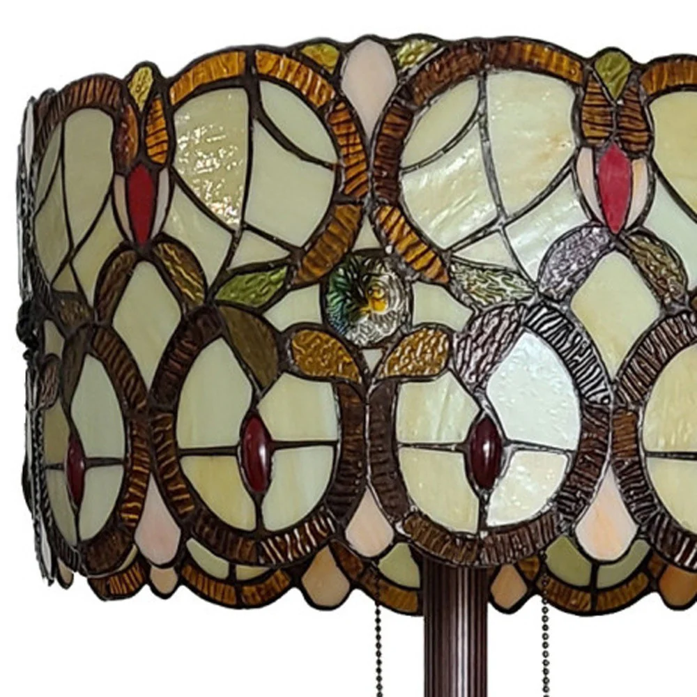 Beige Metal Two Light Torchiere Floor Lamp With Red And White Flowers Glass Drum Shade By Homeroots - Image 7