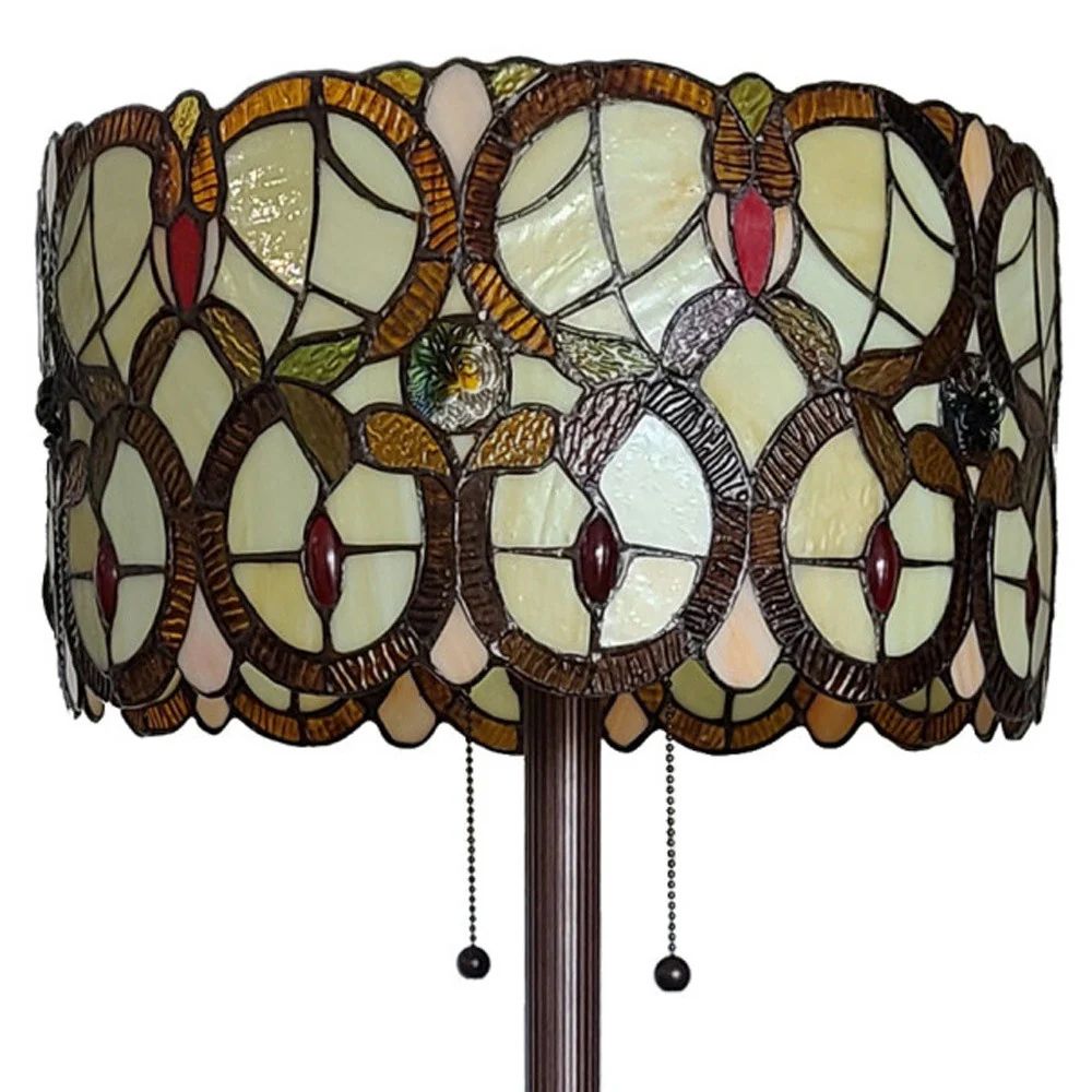 Beige Metal Two Light Torchiere Floor Lamp With Red And White Flowers Glass Drum Shade By Homeroots - Image 8