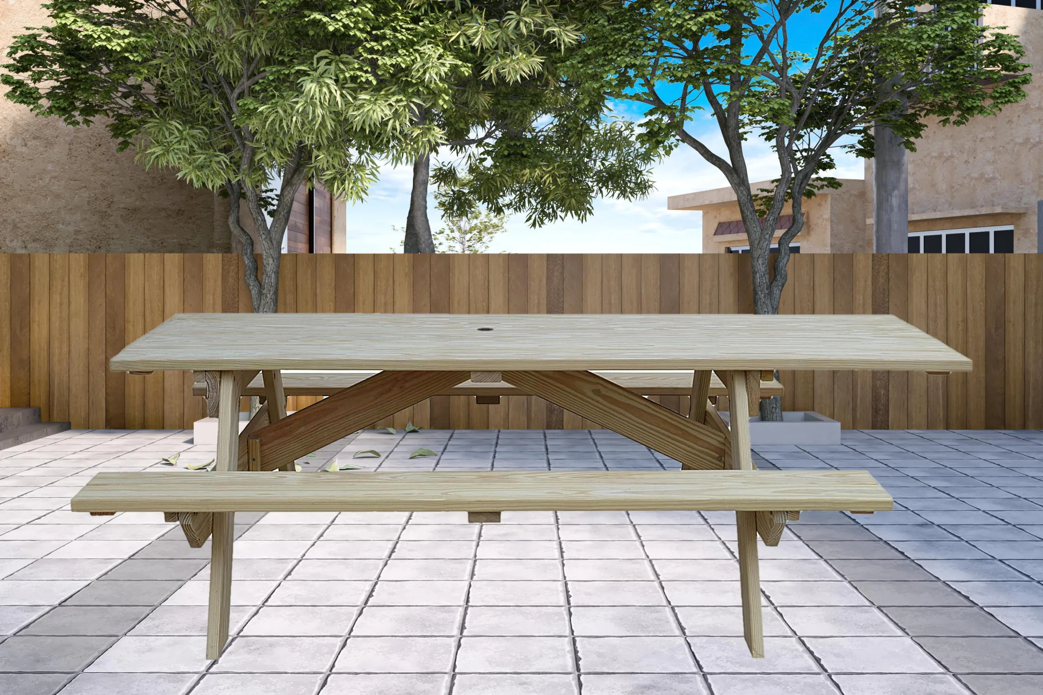 Beige Solid Wood Outdoor Picnic Table Umbrella Hole By Homeroots - Image 3