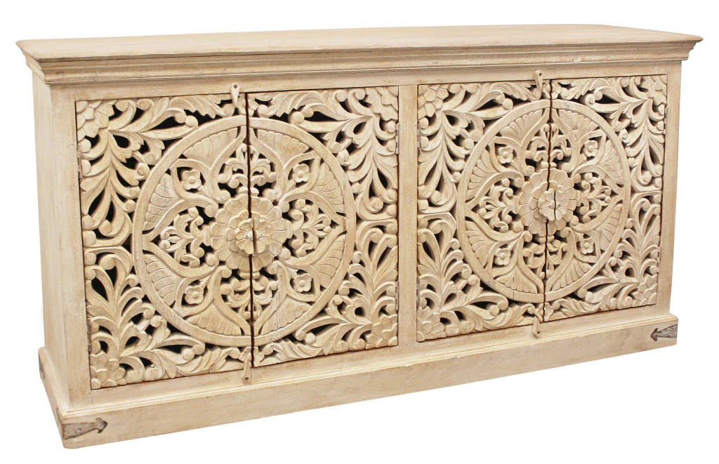 Beige Solid Wood Sideboard with Four Doors By Homeroots - Image 3