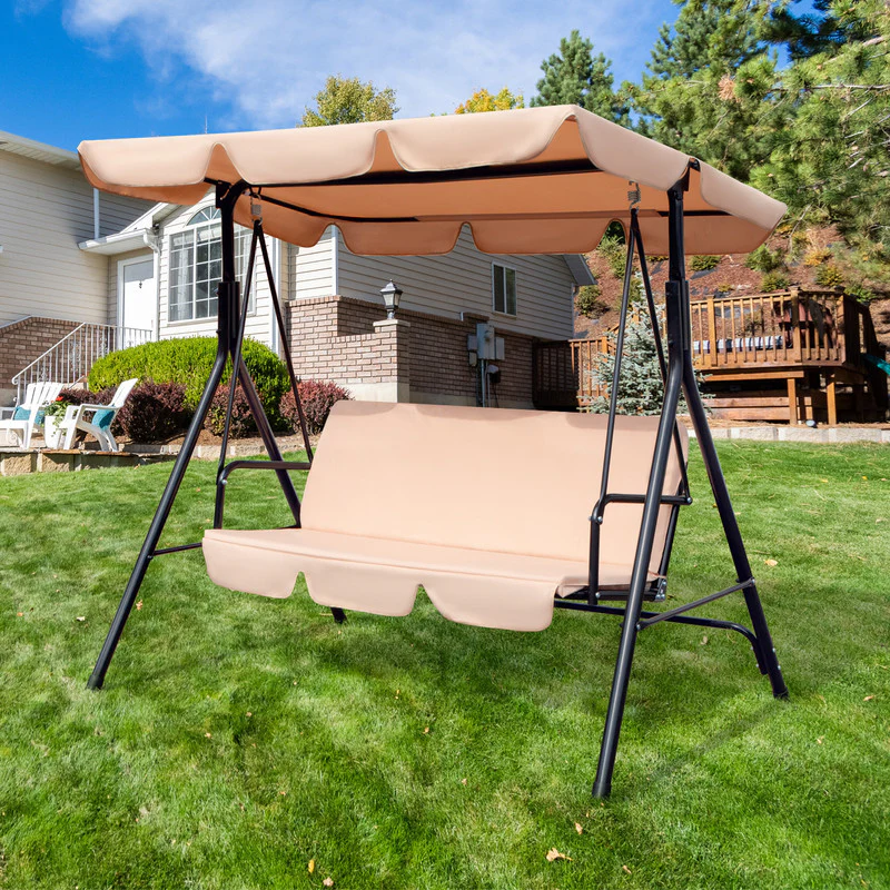 Beige Steel Outdoor Swing Chair with Beige Cushion By Homeroots - Image 4