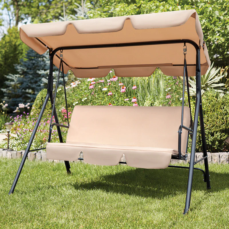 Beige Steel Outdoor Swing Chair with Beige Cushion By Homeroots - Image 7