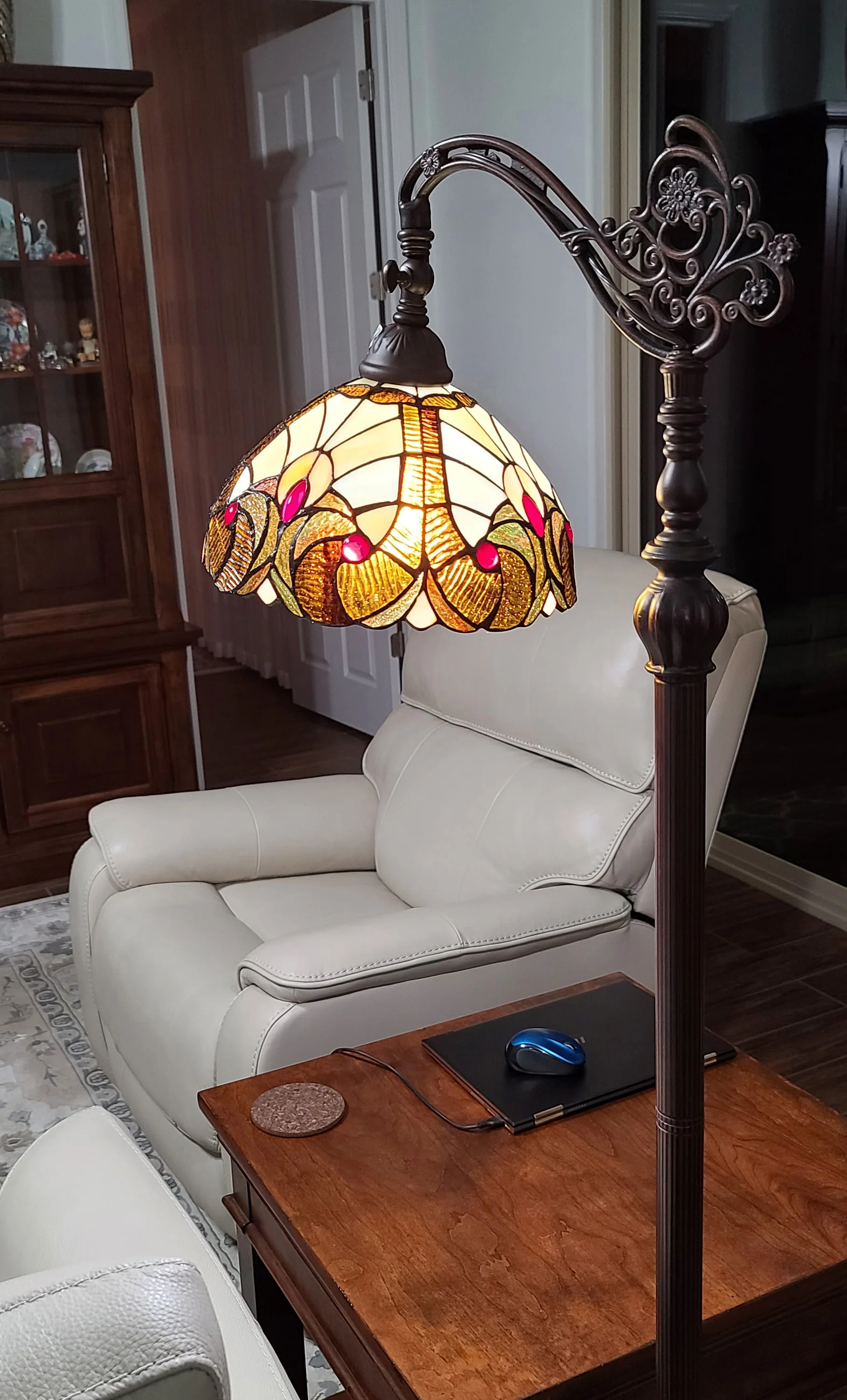 Beige Torchiere Floor Lamp With Brown And White Flowers Glass Dome Shade By Homeroots - Image 10