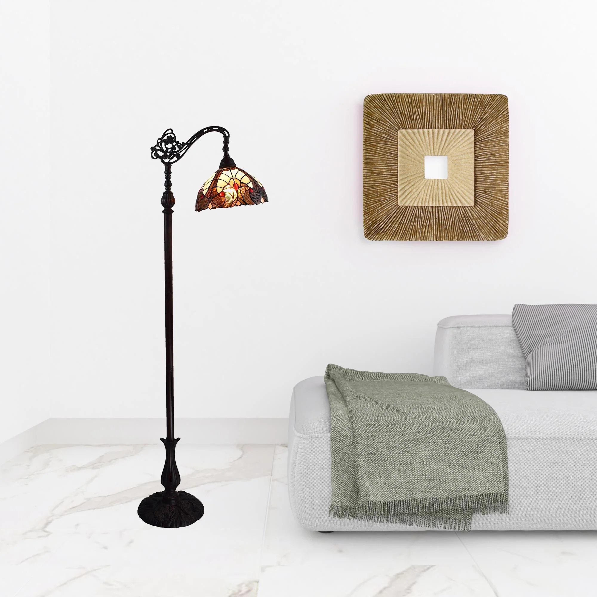 Beige Torchiere Floor Lamp With Brown And White Flowers Glass Dome Shade By Homeroots - Image 2