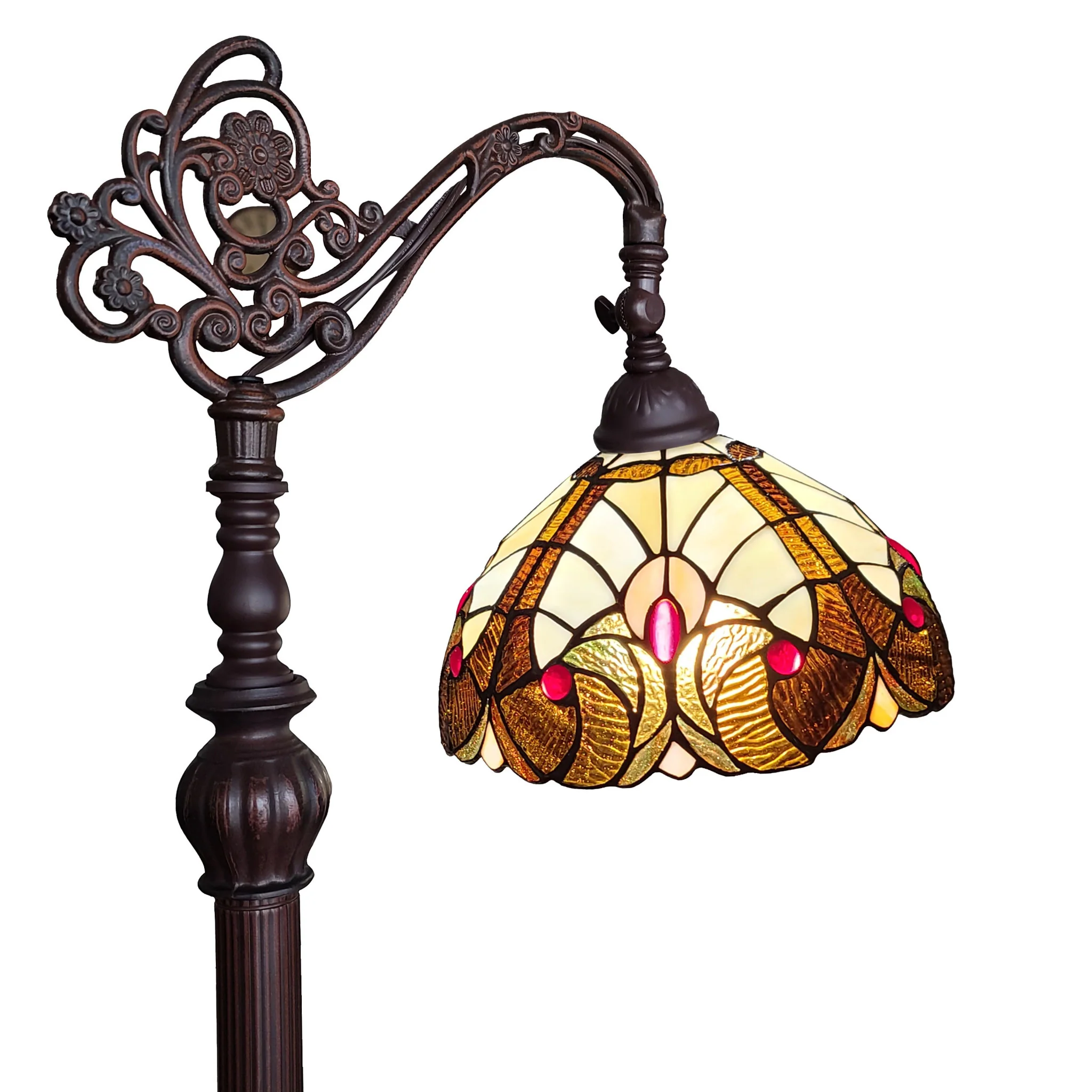 Beige Torchiere Floor Lamp With Brown And White Flowers Glass Dome Shade By Homeroots - Image 4