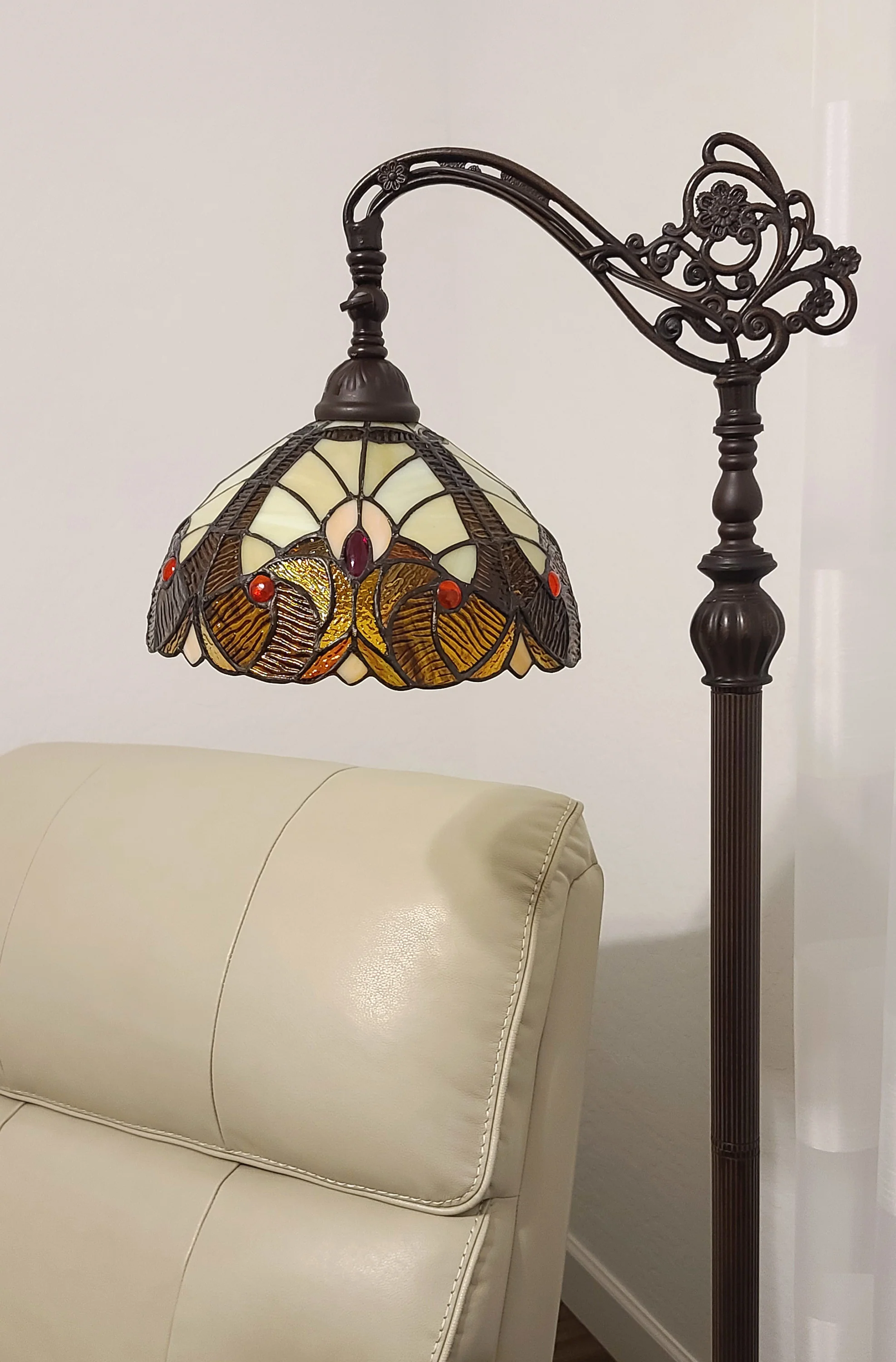 Beige Torchiere Floor Lamp With Brown And White Flowers Glass Dome Shade By Homeroots - Image 6