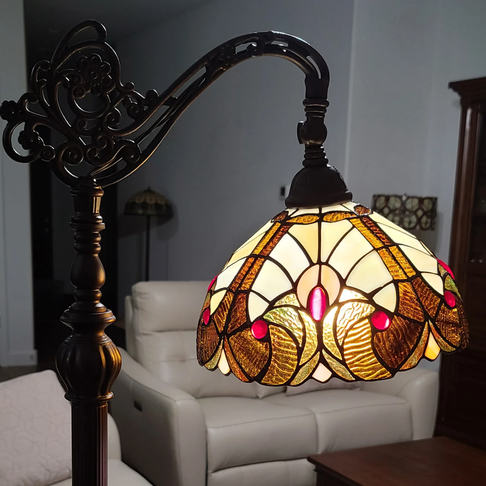 Beige Torchiere Floor Lamp With Brown And White Flowers Glass Dome Shade By Homeroots - Image 8
